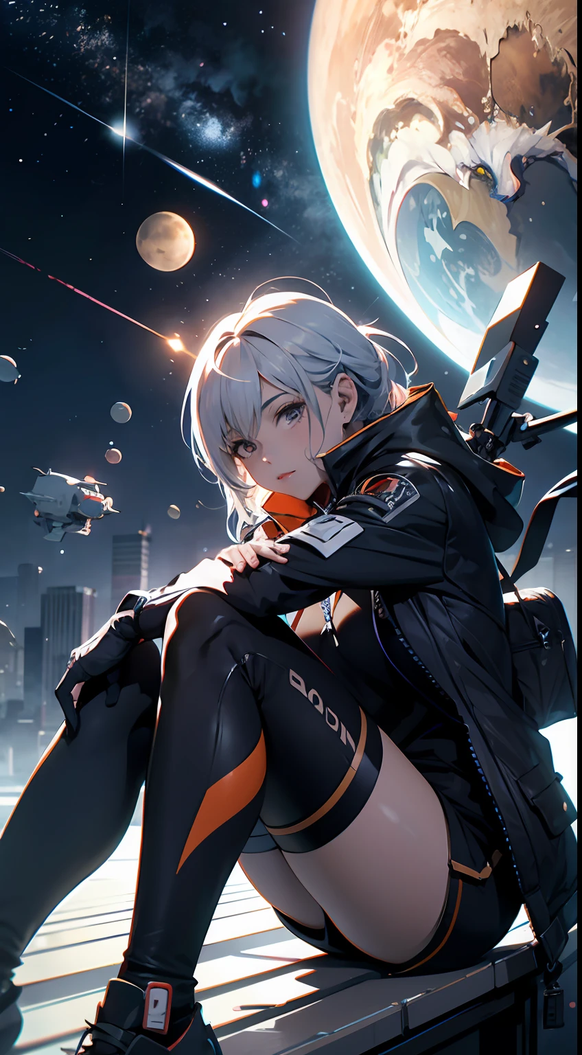 Outrageous resolution、hight resolution、(masterpiece:1.4)、ultra-detailliert、(Floating in outer space1girl with)、fullllbody、floating、a moon、planet earth、Mards、Jupiter、Saturn、realisitic、real picture、nffsw(HighDynamicRange),Ray traching,NVIDIA RTX,Hyper-Resolution,Unreal 5,Sub-surface scattering,PBR Texturing,Postprocess,Anisotropy Filtering,depth of fields,Maximum clarity and sharpness,multi-layer texture,Albedo and specular maps,Surface Shading,accurate simulation of light and material interactions,perfectly proportions,octane renderings,two tone lighting,Low ISO,White Balance,thirds rule,Wide aperture,8K Raw,Efficient Subpixel,sub-pixel convolution,Luminescent particles,light scattering,Tindall Effect