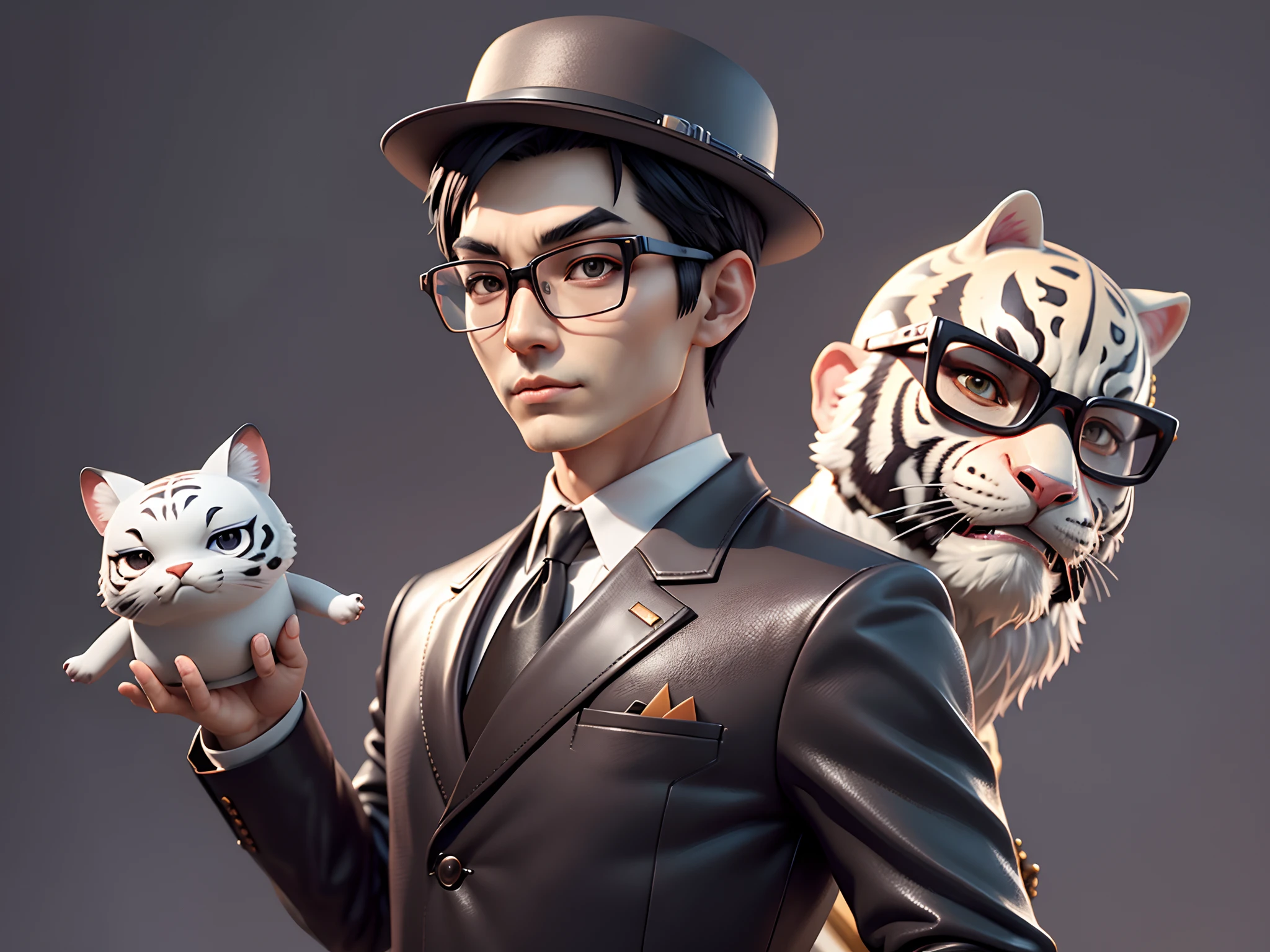 Young man with oriental face in leather hat, tiger, oriental face in formal suit, short black hair, silver glasses, digital painting, 3D character design by Mark Clairedon and Pixar and Hayao Miyazaki and Akira Toriyama, the illustration is a high-definition illustration in 4K resolution with very detailed facial features and cartoon-style visuals.