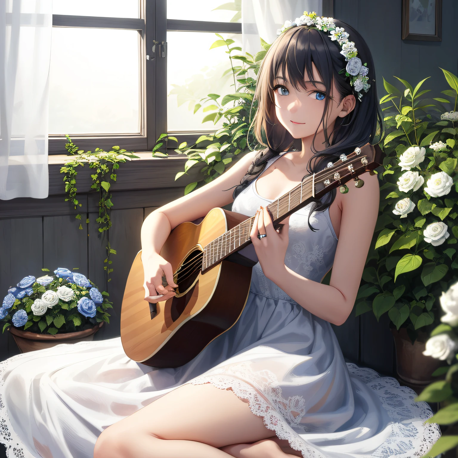 18-year-old girl，ssmile，Delicate and detailed blue eyes，Brown twist braid，flower ring，Delicate lace white dress，bare-legged，Sit in a wooden chair，Sit Pose，Holding an acoustic guitar，Behind is a window sill overgrown with plants，china rose，rosette，Verdant plants，There is a small yellow cat on the ground