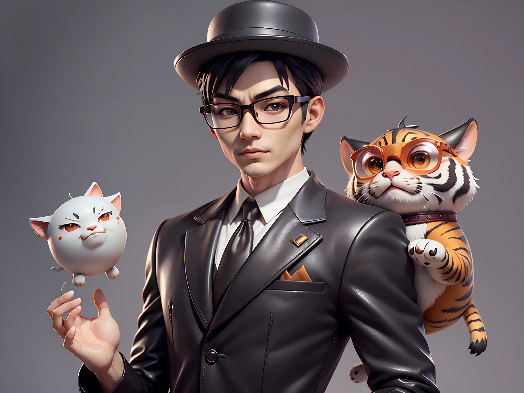 Young man with oriental face in leather hat, tiger, oriental face in formal suit, short black hair, silver glasses, digital painting, 3D character design by Mark Clairedon and Pixar and Hayao Miyazaki and Akira Toriyama, the illustration is a high-definition illustration in 4K resolution with very detailed facial features and cartoon-style visuals.