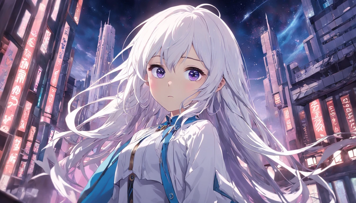 white architecture,borgar,城市,Blue-violet tones,dream magical,As estrelas,Western,A majestic,Futuristic,Buildings,chies,group of buildings,viaduct,Girl with long white hair,curlies,Face the lens,western clothes,Pink eyes,Cute and dreamy,West Phantom Wind