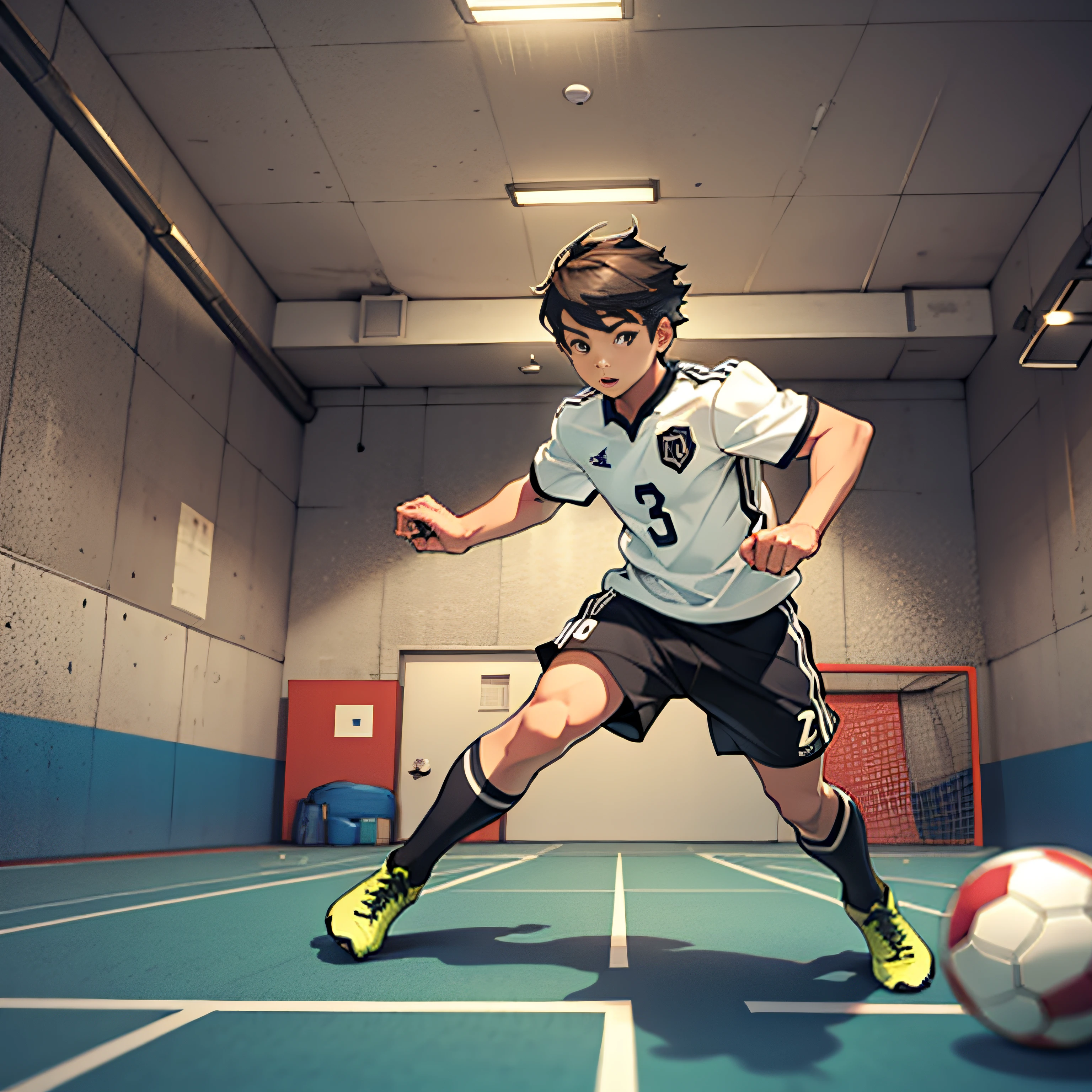 A boy playing football,soccer court,youthfulness,vibrancy