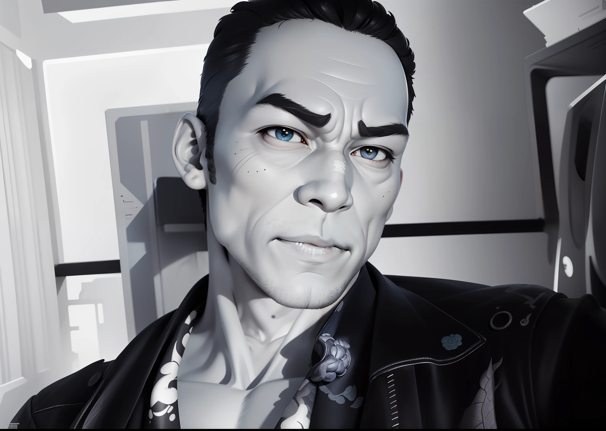 (Masterpiece), (Excellent), (Super Meticulous), (Full Body: 1.2), Super Young Man, Oriental Face, Japanese Kimono, Japanese Wind Thunder God, Dragon, Tiger, TV Anchor, Bust Portrait Illustration, Alone, Black Suit, Blue Tie, Slightly Chubby Face, Very Clean Face, No Beard, Black Super Short Hair, Black Eyes, Confident Smile, 3c Computer Sub-Products, iPad, iPhone, Digital Painting, 3D Character Design by Akira Toriyama and Mark Claireden and Pixar and Hayao Miyazaki, The illustration is a high-definition illustration in 4K resolution with very detailed facial features and cartoon-style visuals.