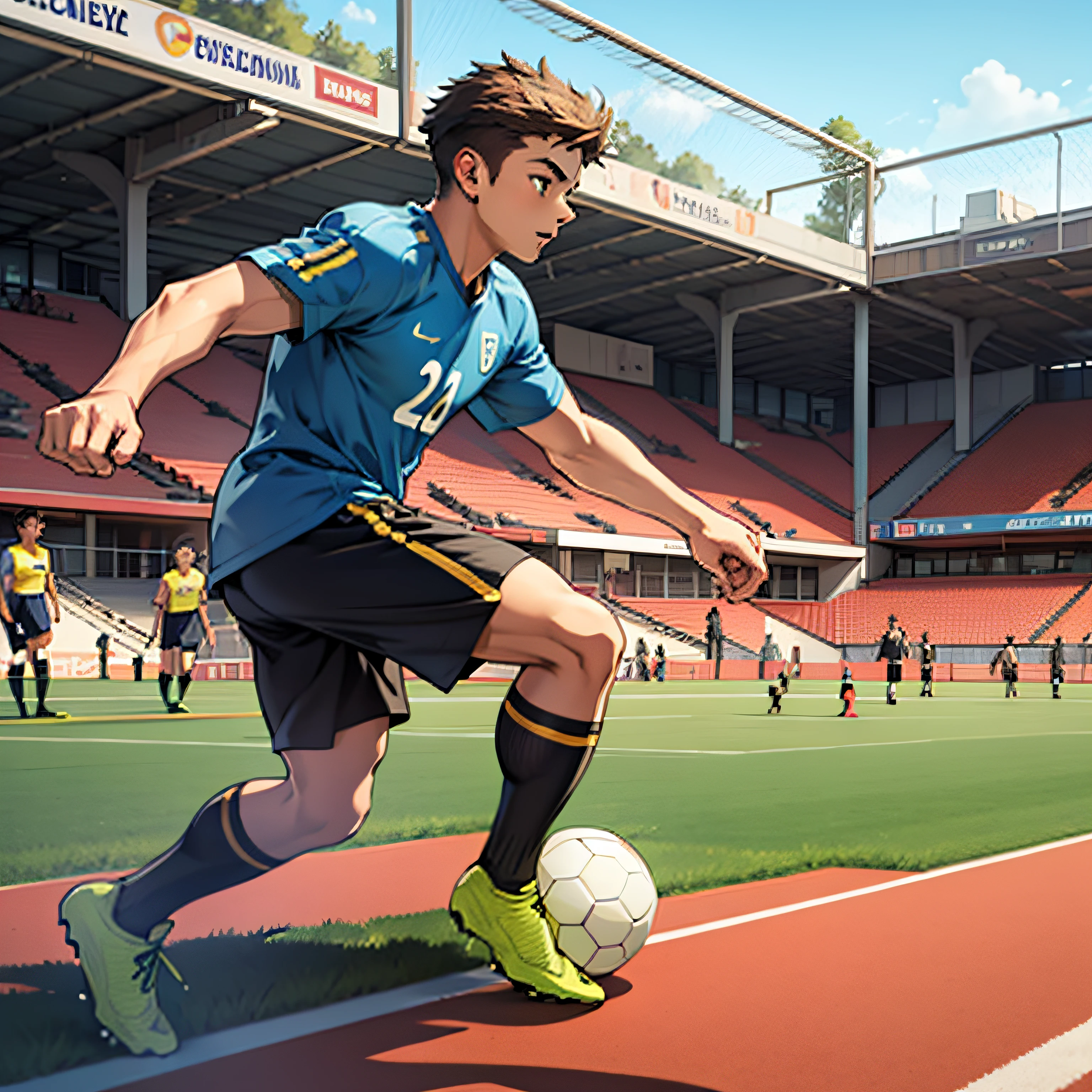 A boy playing football，soccer court，youthfulness，vibrancy