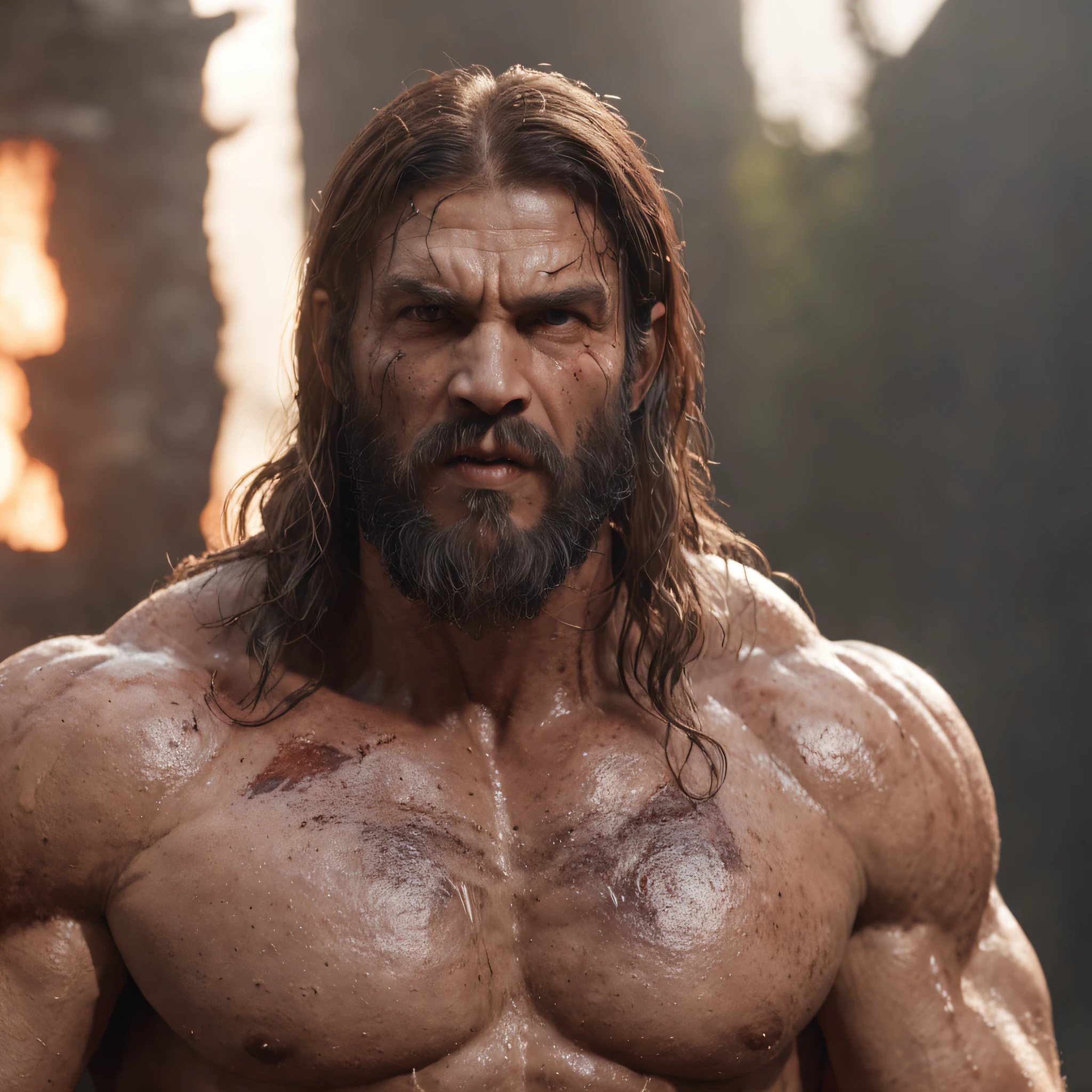 (professional 3d render:1.3) af (Realistic:1.3) most beautiful artwork photo in the world，Features soft and shiny male heroes, ((Epic hero fantasy muscle man rough wet hero angry looking long hair short beard and ferocious expression in dynamic pose, Fantastic location, Majestic cluttered environment)), Full body 8K unified rendering, action  shot, skin pore,There is a golden cross tattoo on the chest,very dark lighting, heavyshading, Detailed, Detailed face, (vibrant, photograph realistic, Realistic, Dramatic, Dark, Sharp focus, 8K), (Old leather garments damaged by weathering:1.4), ((((Wear fur)))), (Intricate:1.4), decadent, (Highly detailed:1.4), Digital painting, rendering by octane, art  stations, concept-art, smooth, Sharp focus, illustration, Art germ, (loish:0.23), wlop ilya kuvshinov, and greg rutkowski and alphonse mucha gracias, (Global illumination, Studio light, volumettic light), heavy rain, particles floating, lotr, fantasy, elf, full bodyesbian, ((Dark and ancient city background:1.3)),CGSesociety,art  stations