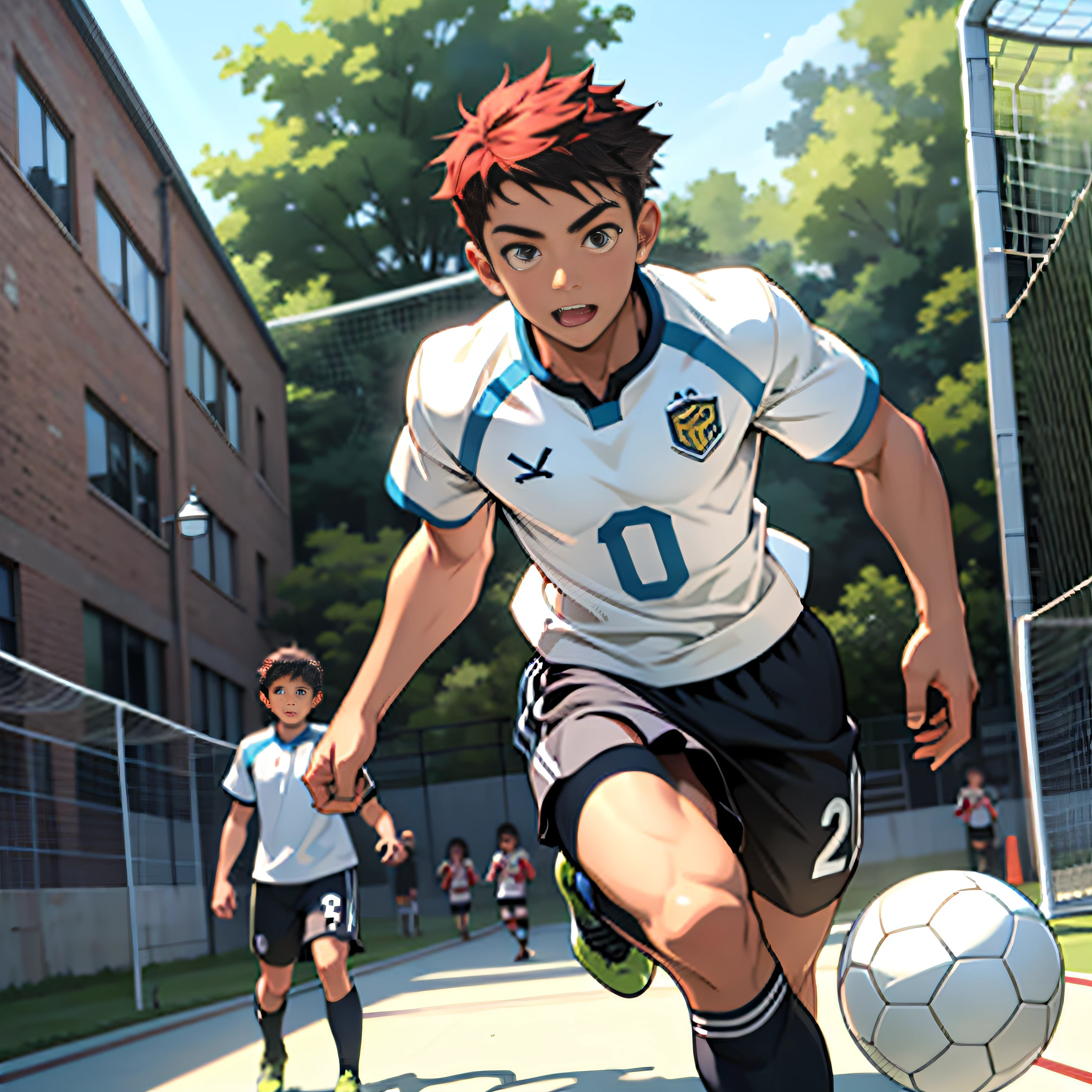 A boy playing football，soccer court，youthfulness，vibrancy