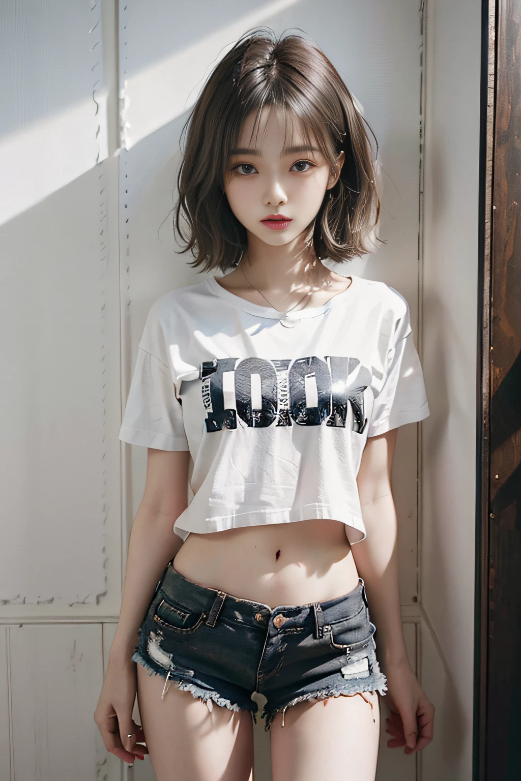 Top image quality、RAW photography、超A high resolution、Cute girl at 18 years old、For one person only、Round chest、T-shirt、Black shorts、Beautiful Eyes of Details、Very slender eyes、Beautiful eyelashes、beautiful double eyelid、White walls、Beautiful waist、Very slender legs、Light brown shorthair、Very slim physique