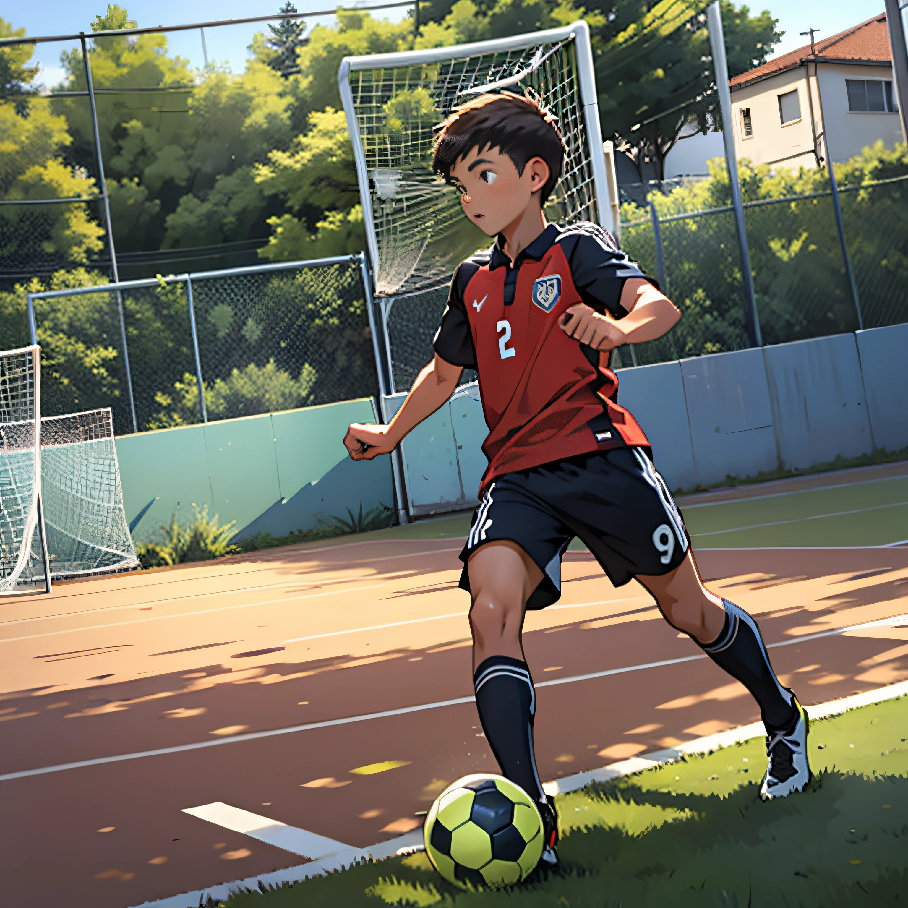 A boy is playing soccer,soccer court