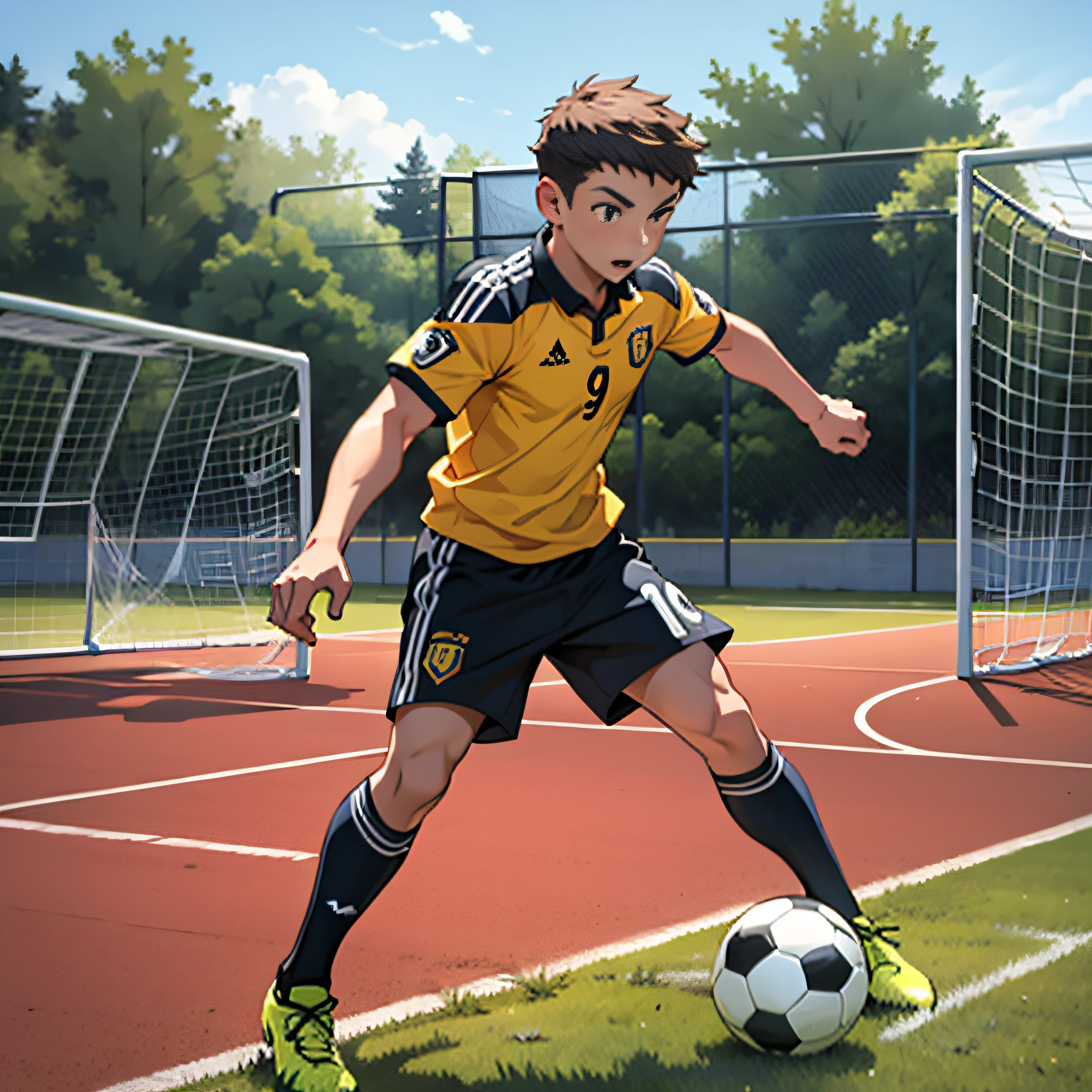 A boy is playing soccer,soccer court