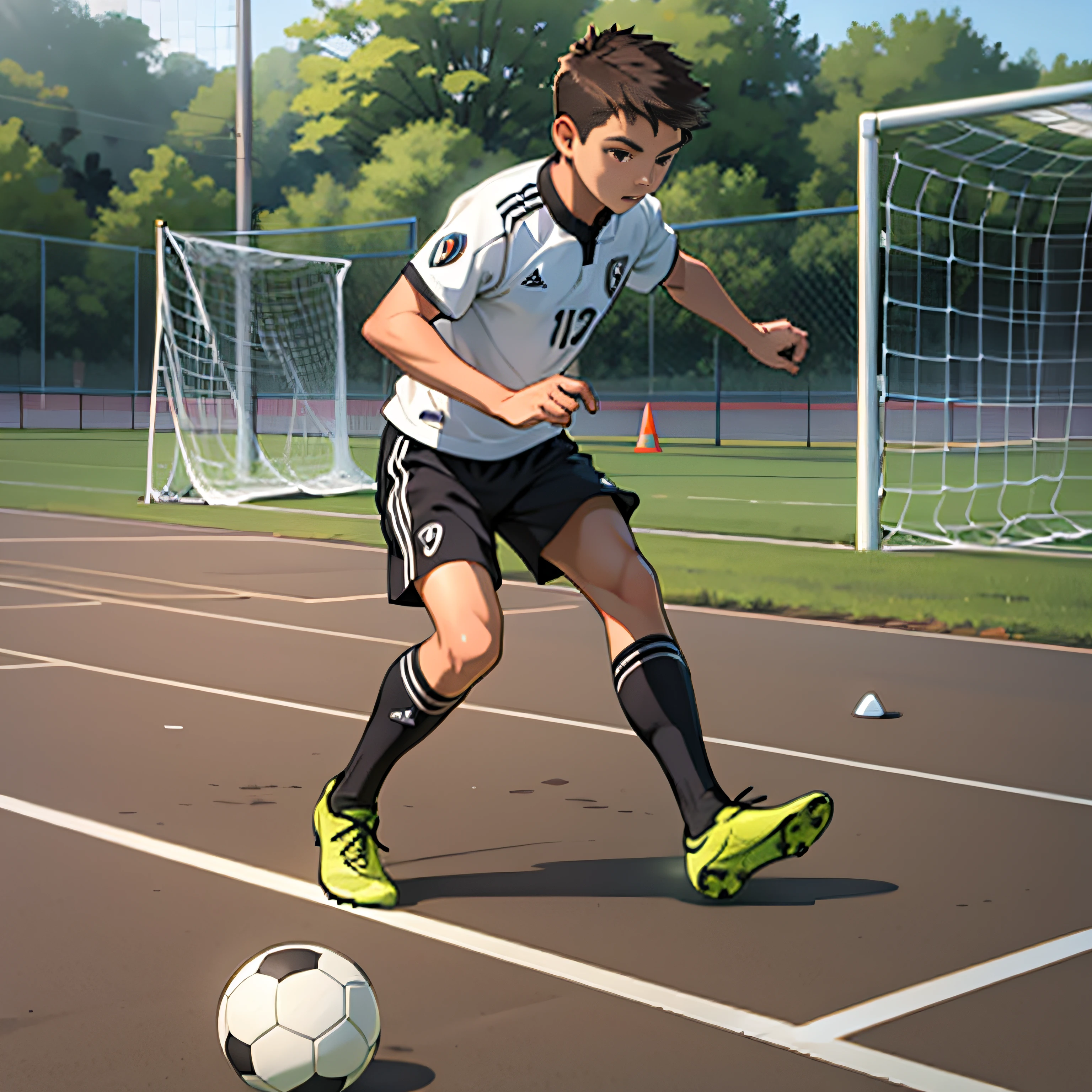 A boy is playing soccer,soccer court