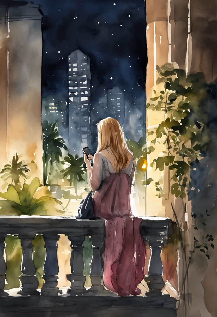 a sad woman holding his cell phone and getting depressed in the darkness a dark night city back ground, she stand on balcony