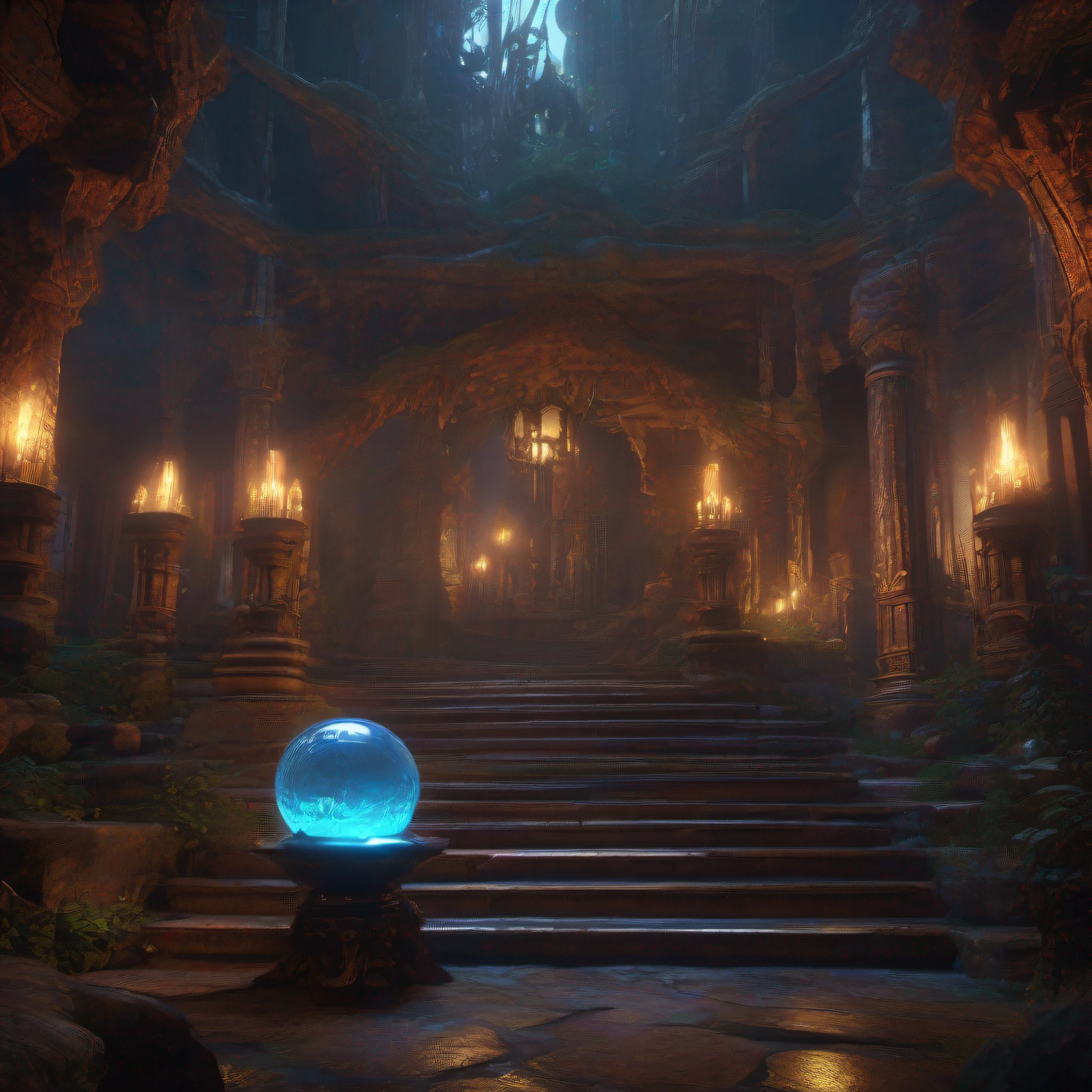 unholy,sorceress woman,I saw the crystal ball, creepy style,mistic,Ultra-detailed complex Gothic art trends in Artstation ternary colors, unreal-engine, fantasy, intricately details, splash image, complementary colours, fantasy concept art, gothic deviantart masterpiece, unholy, starlights。looking at viewert。In ruins。