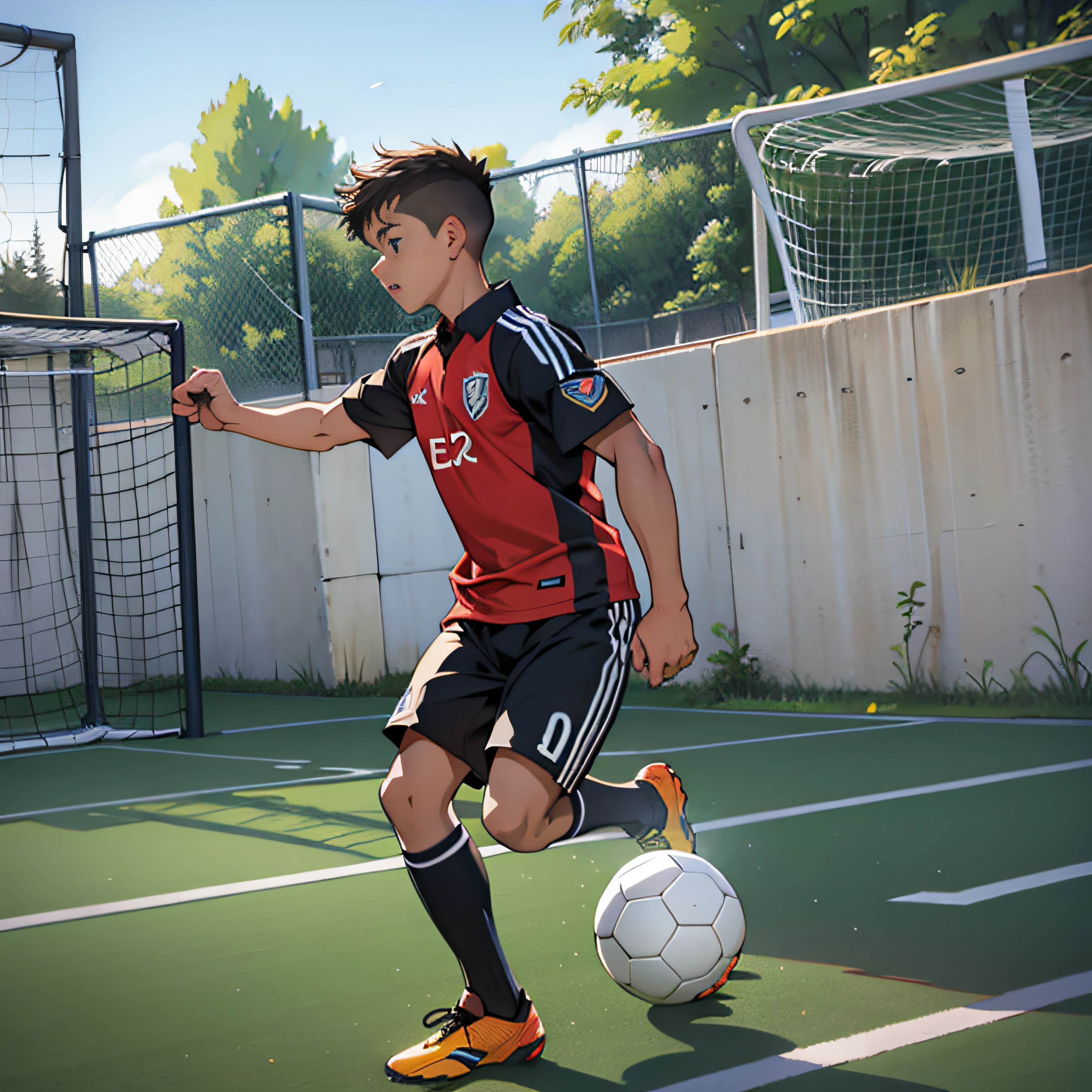 A boy is playing soccer,soccer court