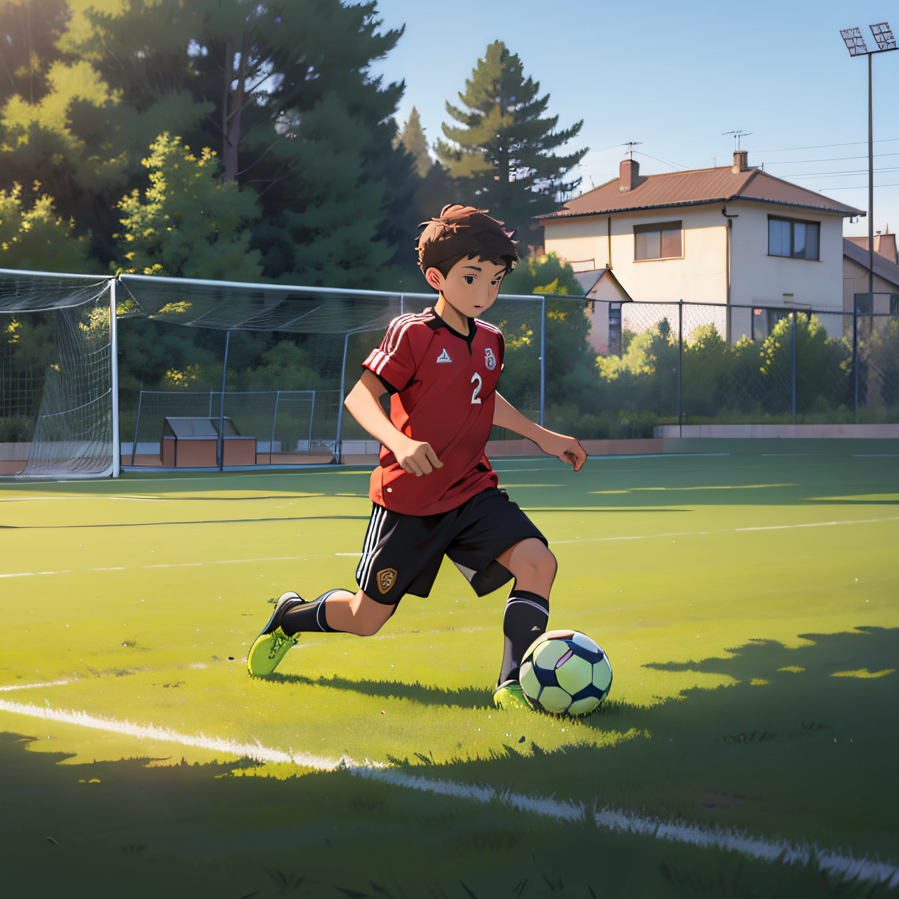 A boy is playing soccer，soccer court