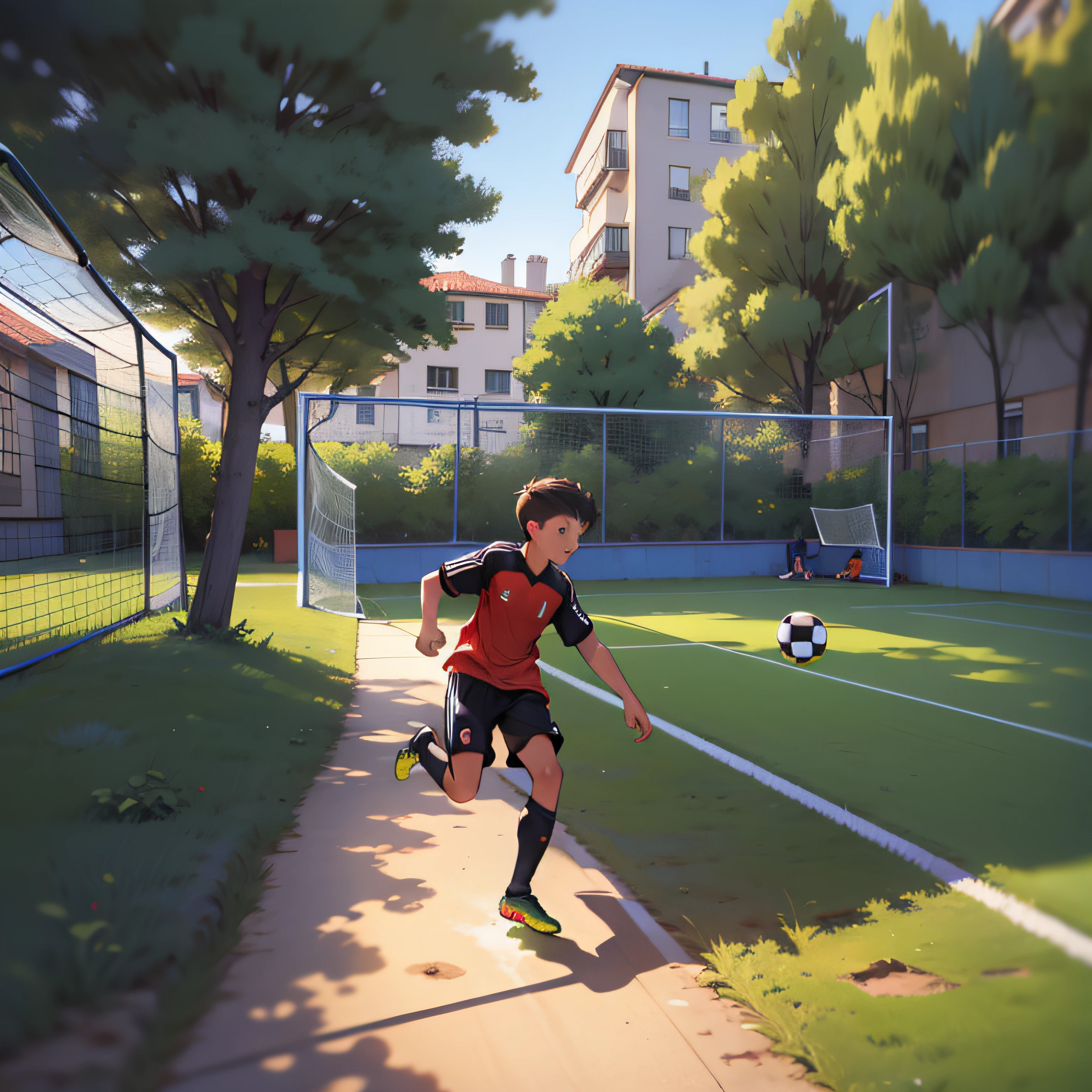 A boy is playing soccer,soccer court
