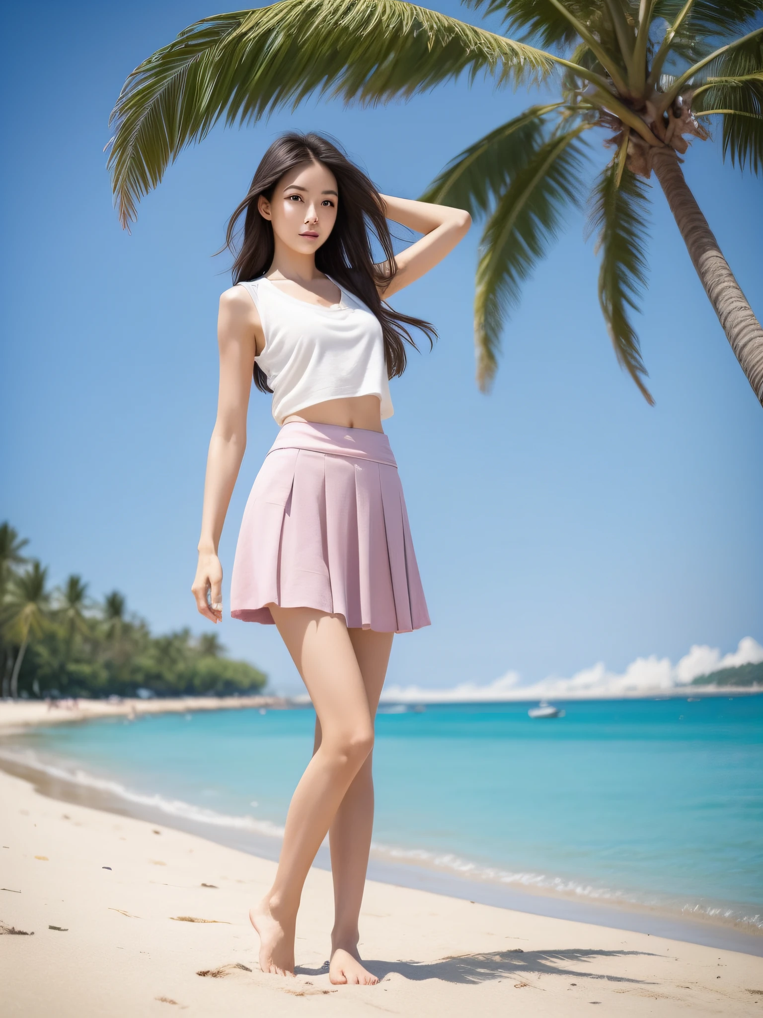 woman model,Long hair with a shawl,Delicate facial features,Girl wearing sleeveless T-shirt on upper body,She wears a short pink skirt on her lower body。Thin waist and large chest,Slender legs,Step on the beach with bare feet,The background is the bay,sunny clear sky,Coconut Tree,panoramic photo