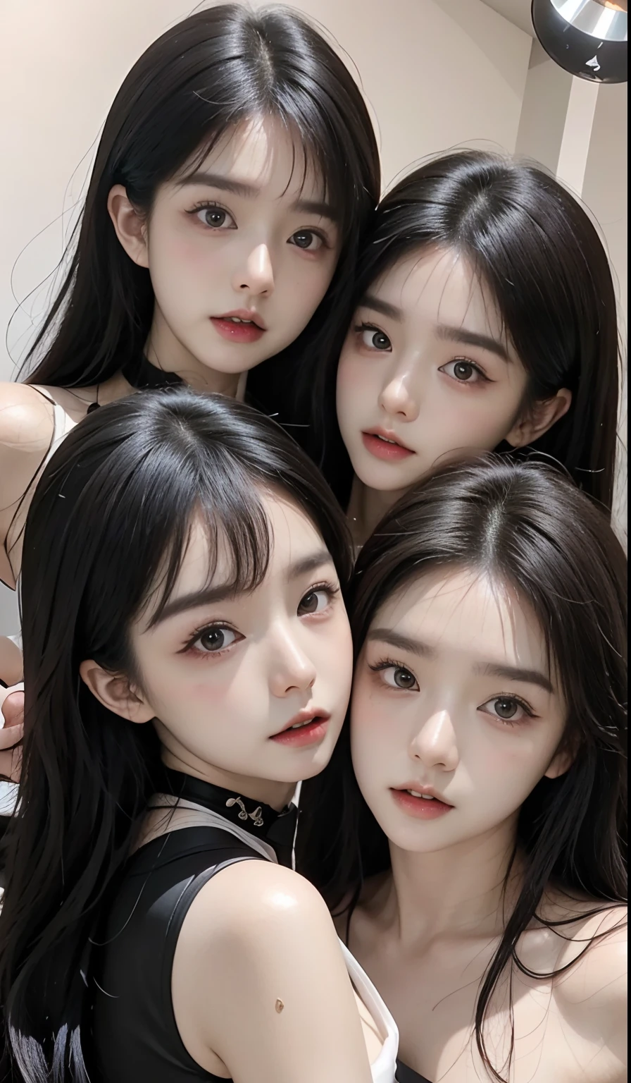 Three Asian women pose for a group photo in the studio, ulzzangs, popular korean makeup, with cute - fine - face, Popular Korean makeup, trending at cgstation, beautiful faces aesthetic, Korean symmetrical face, trending on cgstation, jaeyeon nam, 8k selfie photograph, yanjun cheng, cute round slanted eyes