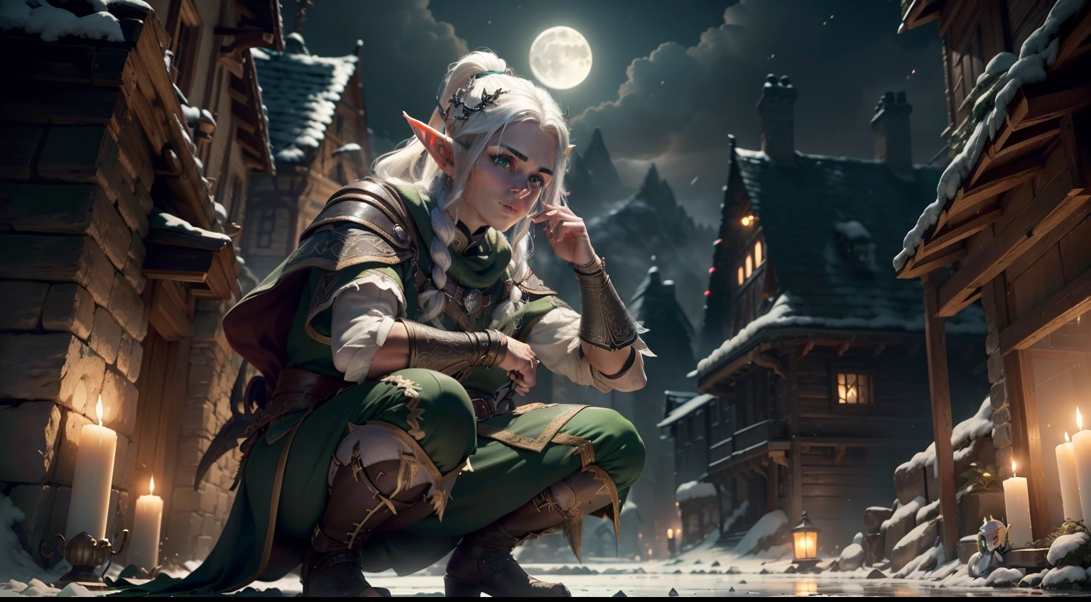 Perdelative, insane details, beautifully color-graded, Unreal engine, Depth of field, extra high resolution, megapixel, Cinematic Lightning, Smoothing, insanely detailed and intricate , Hyper maximalist, hyper realistic, volumetric, Photorealistic, ultra photorealistic, ultra- detailed, intricate details, 8K, Super detailed , Full color, voluminous lighting, HDR, Realistic, Unreal engine, 16k, sharp-focus, Octane Render, RTX. Incredibly detailed faces, Incredible fingers, Unbelievable eyes, Incredible hair, Incredible hands. (((( In the foreground, 1 elf and 1 more elf squatting )))) ( white colored hair, green hair, Beautiful facial features, Proportioned face, In the hands of a bow and magic objects ) (( Ao fundo, A city with a gloomy atmosphere, skyrim, Oblivion, Whiterun Skyrim, Whiterun Prison )) ((( Medieval times, Magic, rays, beautiody, ))) (((( the night, in night )))) ((( He reaches for the camera with his hand ))) ((( hide ))) ((( Incredible atmosphere, moon light, luna, nostalgia )))