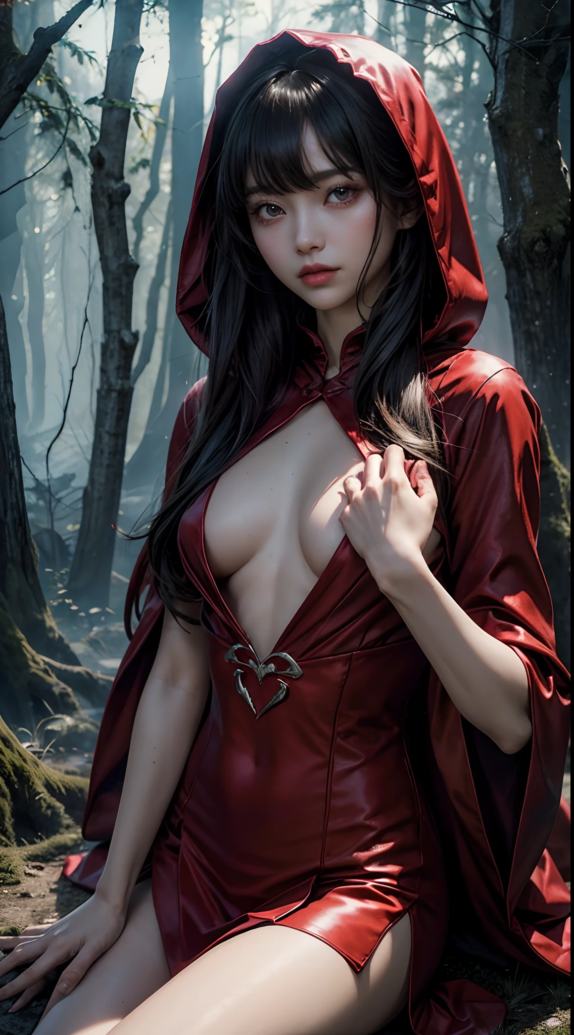 (8K, Raw photography, top-quality, ​masterpiece:1.2),  One Woman、Japan at the age of 18,fullllbody.{scinematic angle、Wide Angle、Don't split the screen、}（Realistic Skins 1.4）、（red riding hood、Wear a crimson hood）、（（（red hoods、Red dress、Black stockings、high-heels）））、（（（In the dark forest、In a deep eerie forest　、Pitch black night、Deep fog）））（（traces of wiping blood from the mouth,,,,,,,,,,,,,,,,,,,,,,、Red Eyes、Black and long nails））、50mm Lens、30mm film、wide angles、（long、straight haired、）、（A dark-haired、The forehead is hidden by bangs、）、Black eyes、shinny skin、Beautiful delicate face、Beautiful delicate eyes、｛tiny chest、small tits、muscular body、｝、