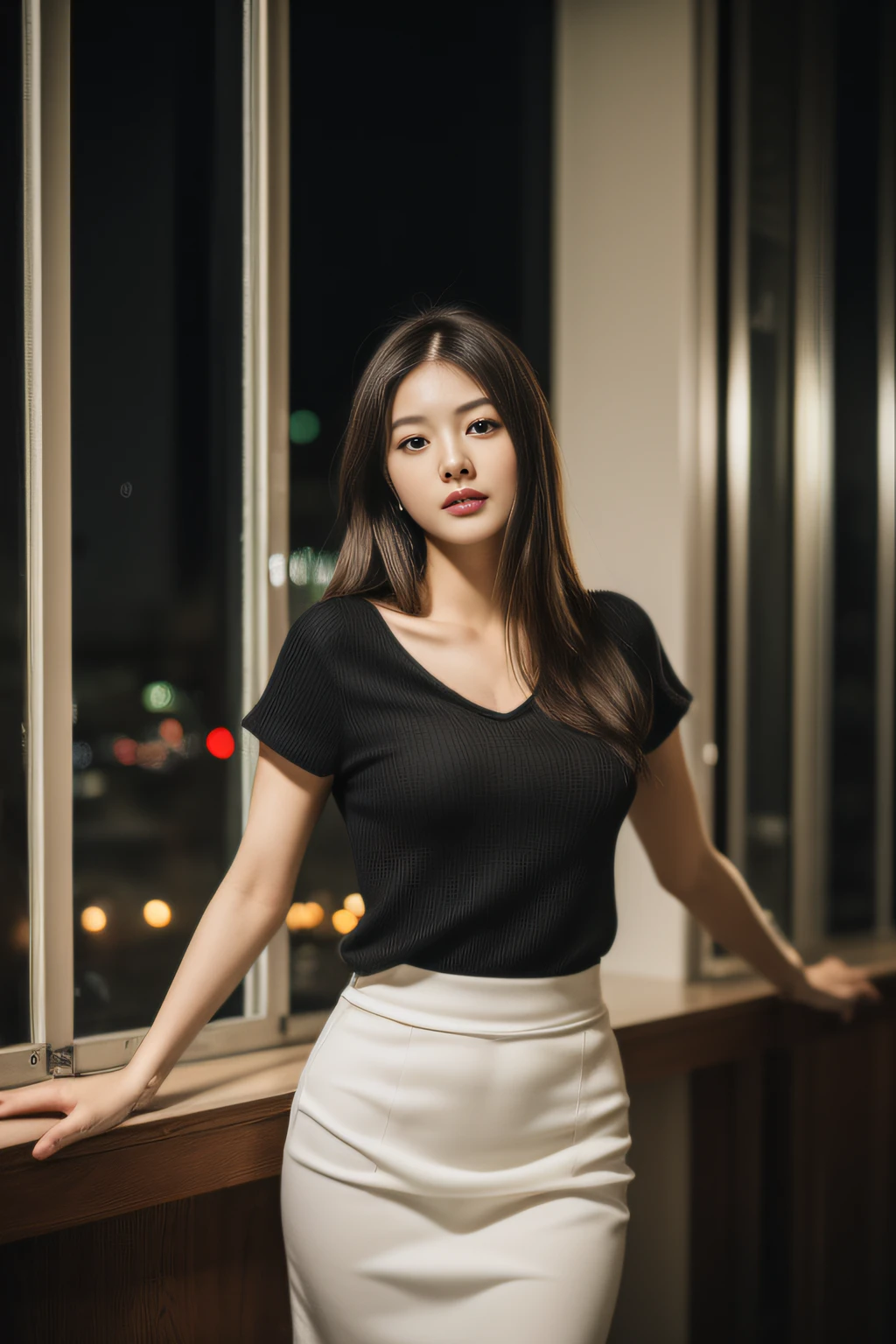 (in 8K, Raw photo, hightquality,high-level image quality,masterpiece),A Japanese Lady、Realistic, Natural light, Female, 26 years old, Full body photo, Brown hair, Long, Clear black eyes, Puritanism, Perfect udder, Real Face, Real Skin, White long skirt, life-like:1.3, (perfect anatomia,Beautiful limbs), (The smell of Eros, seductiv), City Night View、Exclusive Photos、