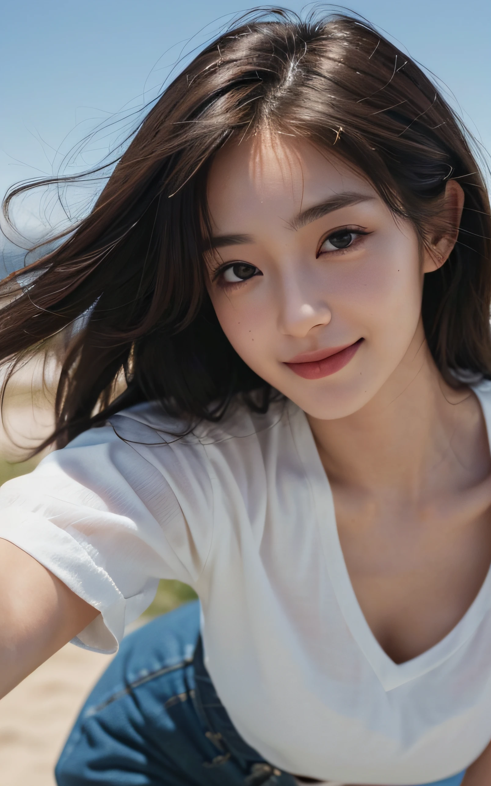 Masterpiece, best picture quality, high quality, beautiful woman, Japanese, 20-year-old, lovely, cute, detailed, swollen eyes, detailed eyes, detailed skin, beautiful skin, ultra high resolution, (reality: 1.4),very beautiful, beautiful skin, slender, (ultra realistic), (high resolution), (8K), (very detailed) (best illustration), (beautifully detailed eyes), (super detailed), (wallpaper), (detailed face), fine details, detailed face, smiling, looking straight ahead, looking straight ahead, angle from waist up, realistic photo, bright lighting, professional lighting, dark brown hair, short hair, the ends of the hair are blown up by the wind, long stylish bangs,