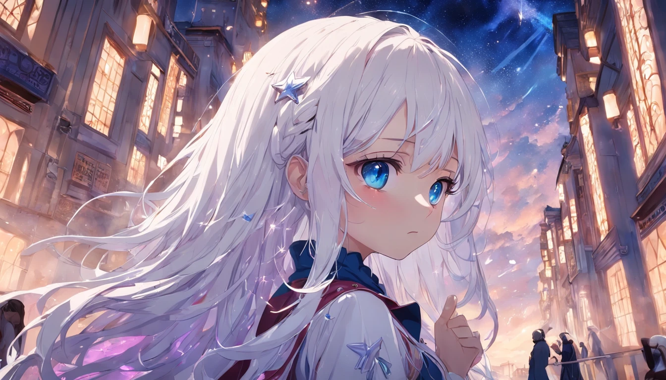 white architecture,borgar,Blue-violet tones,dream magical,As estrelas,Western,A majestic,Buildings,chies,group of buildings,viaduct,Girl with long white hair,curlies,Face the lens,western clothes,Pink eyes,Cute and dreamy,West Phantom Wind