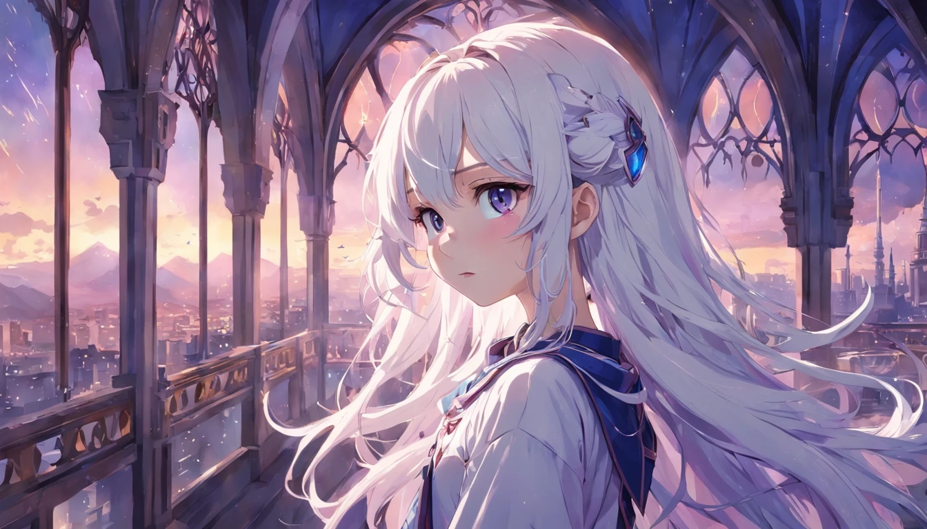 white architecture,borgar,Blue-violet tones,dream magical,As estrelas,Western,A majestic,Buildings,chies,group of buildings,viaduct,Girl with long white hair,curlies,Face the lens,western clothes,Pink eyes,Cute and dreamy,West Phantom Wind
