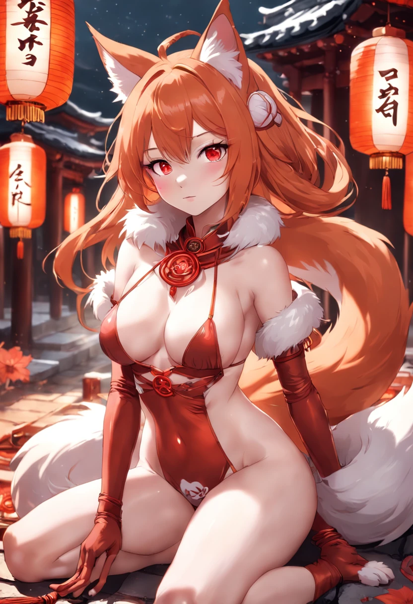 female nine-tailed fox godness, shrine designed outfit, bare leg, perfect body shape, masterpieces, charming aura, crotch tattoo, oiled body detailed, lying on the ground, glowing red pupil, sakura falling effect, japanese building background, red rope accessorize, fur white scarf, bell, medium size breast, fluffy nine fox tail detail, light make up, 16k best anime wallpaper quality, moonlight, main color is snow white, secondory color is bright red, talisma, bright orange red color smooth hair, original character, fantasy art, fox mask on head, silk armlet, high resolution
