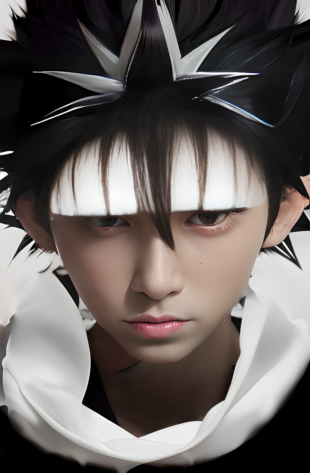 White and thick hair band, Bangs drooping, A dark-haired