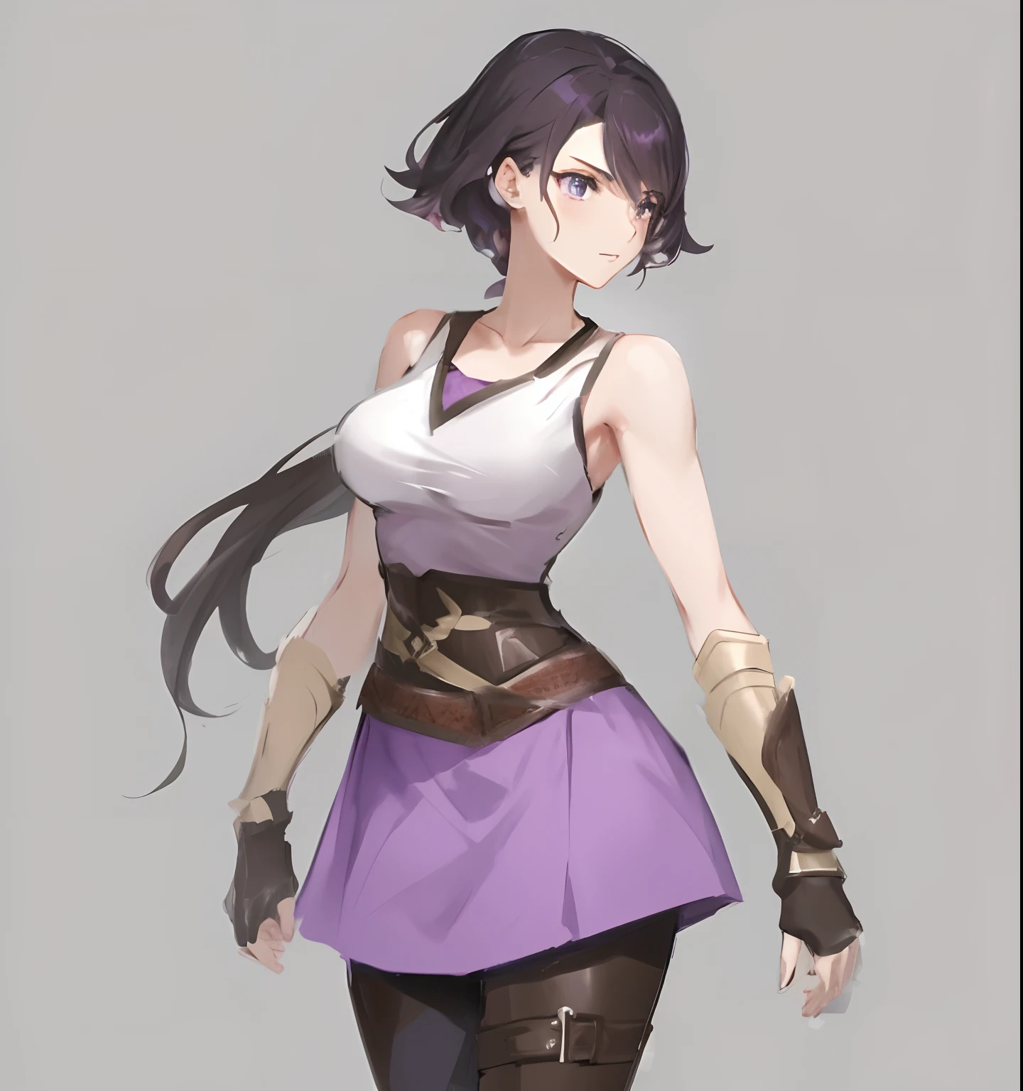 Two-dimensional female avatar of a female warrior wearing a purple dress，Brown leather armor，Gray trousers，Good-looking dynamics，quadratic element，k hd，4k画质