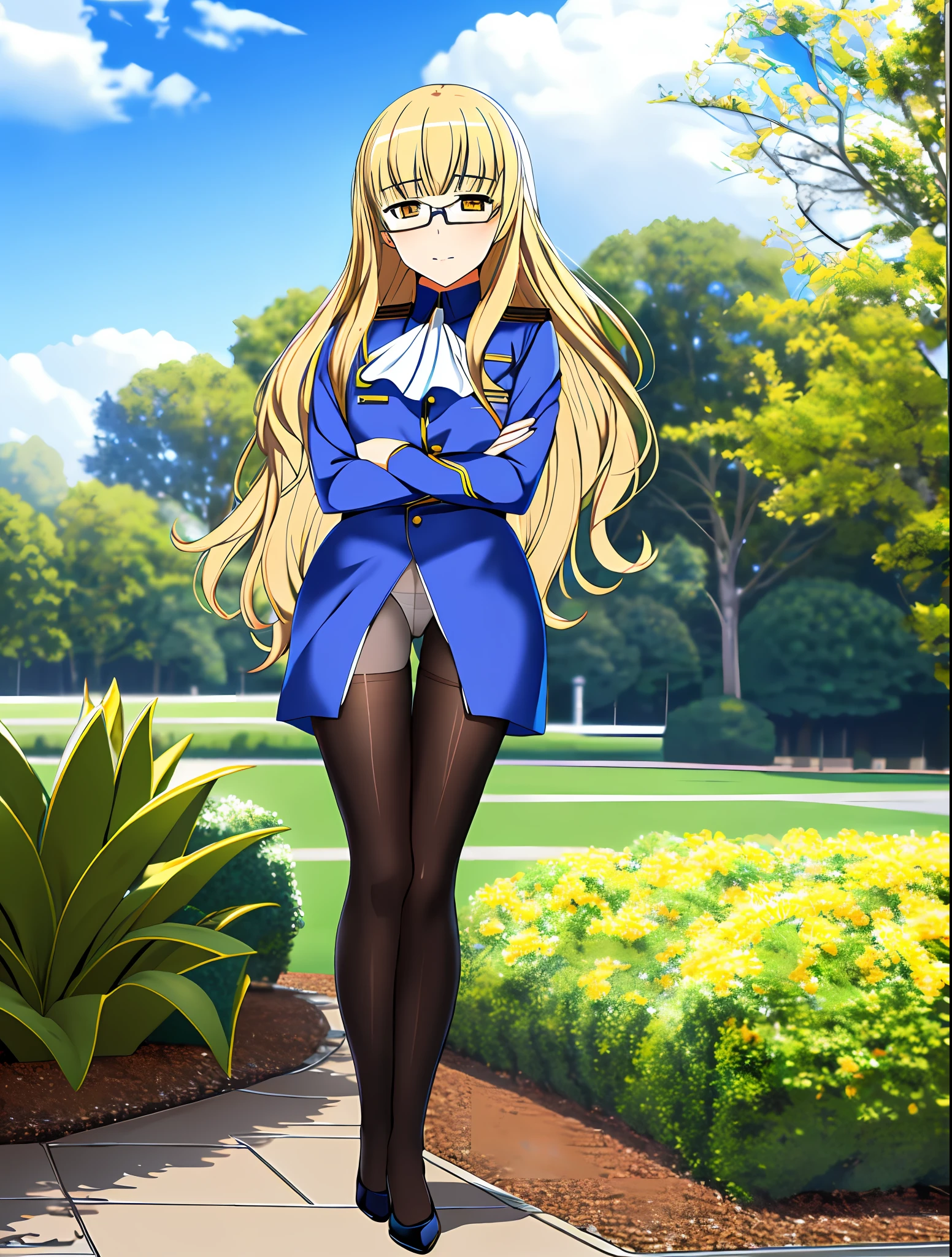 Perrine , solo , full body , blonde hair , glasses , yellow eyes , uniform , black pantyhose , white ascot , no pants , panties under pantyhose , crossed arms , white shirt , garden background with fancy flower border ,