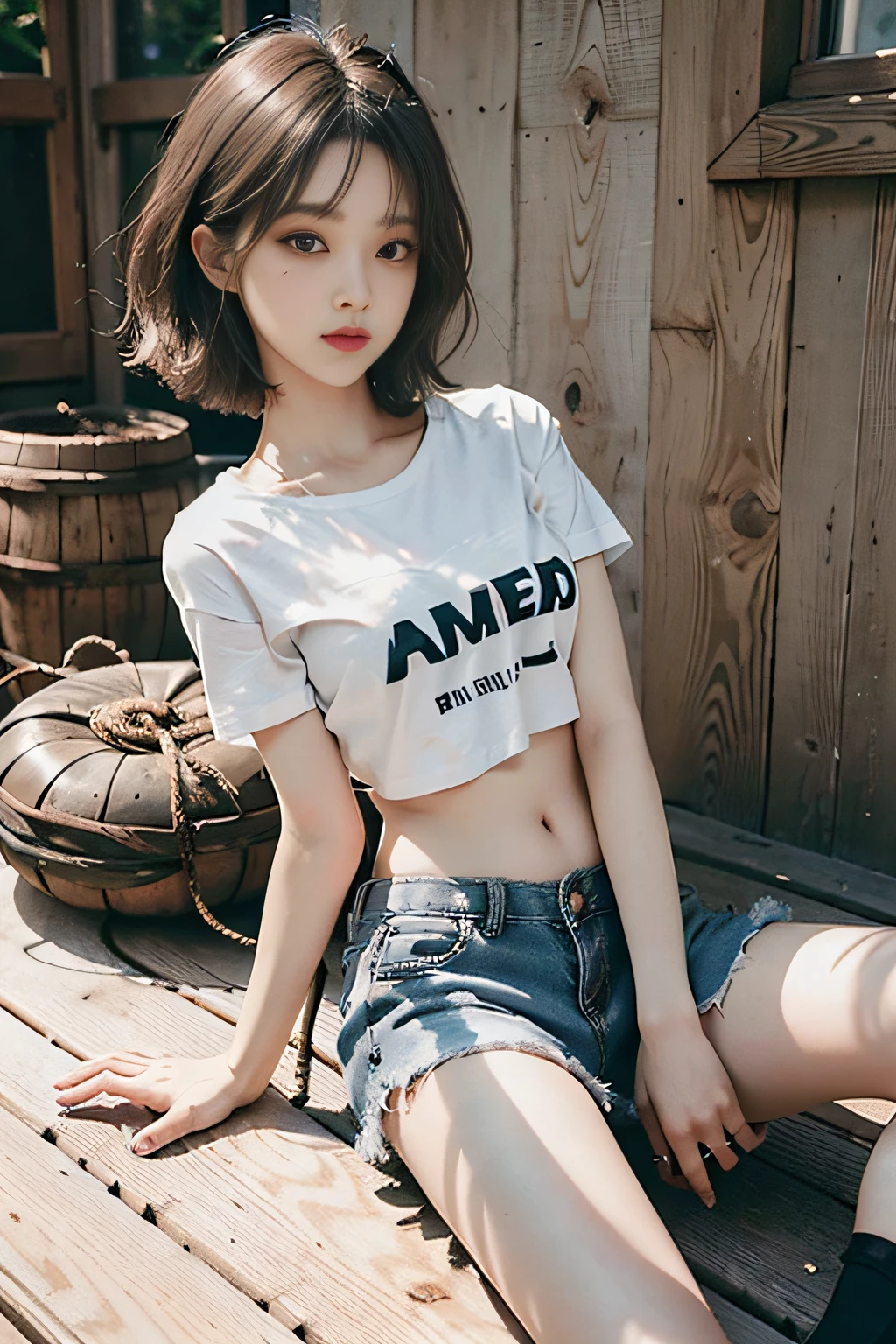 Top image quality、RAW photography、超A high resolution、Cute girl at 18 years old、Limited to one person、Round chest、T-shirt、Black shorts、Beautiful Eyes of Details、Very slender eyes、Beautiful eyelashes、beautiful double eyelid、White walls、Beautiful waist、Very slender legs、Light brown shorthair、Very slim physique