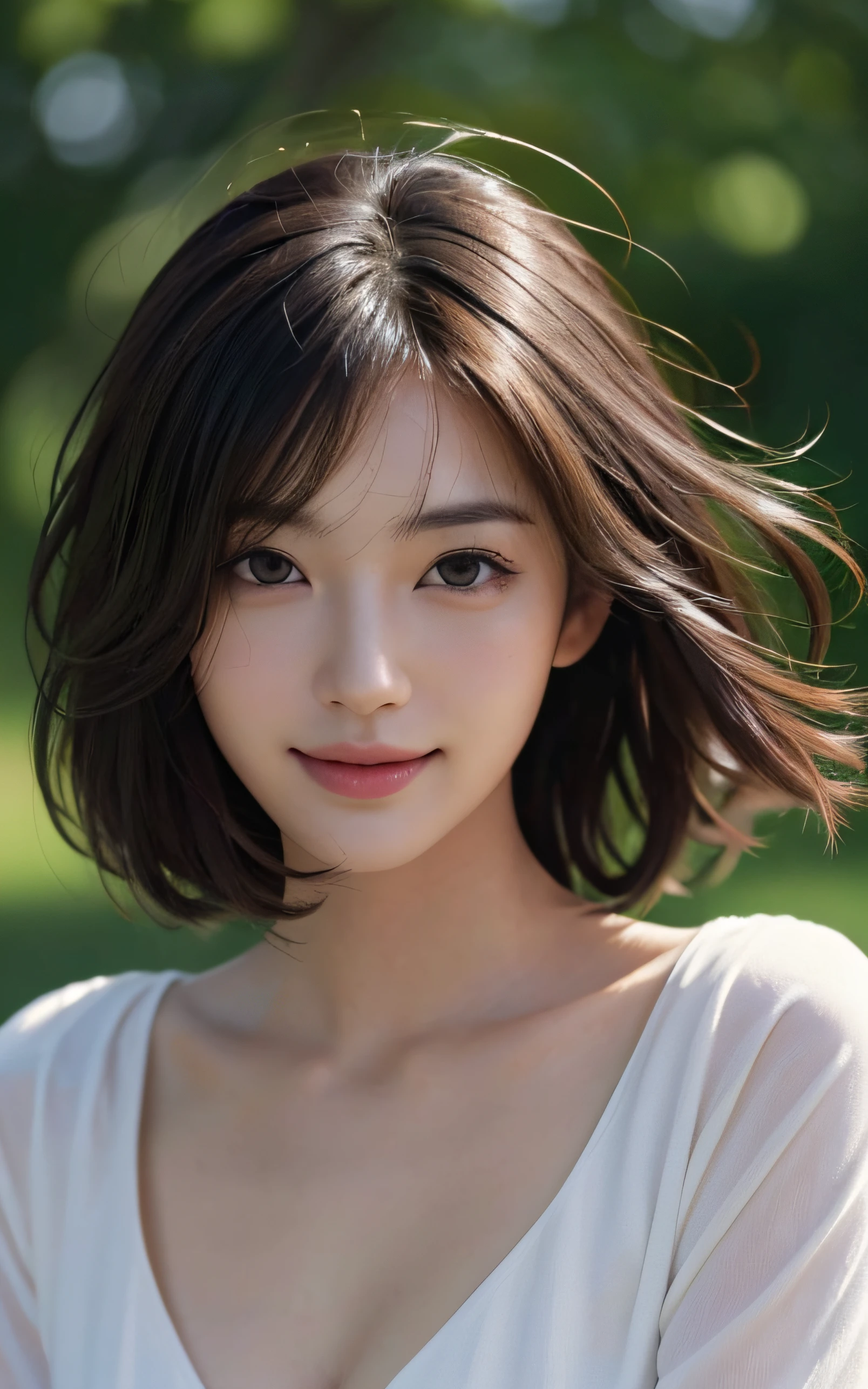 Masterpiece, best picture quality, high quality, beautiful woman, Japanese, 20-year-old, lovely, cute, detailed, swollen eyes, detailed eyes, detailed skin, beautiful skin, ultra high resolution, (reality: 1.4),very beautiful, beautiful skin, slender, (ultra realistic), (high resolution), (8K), (very detailed) (best illustration), (beautifully detailed eyes), (super detailed), (wallpaper), (detailed face), fine details, detailed face, smiling, looking straight ahead, looking straight ahead, angle from waist up, realistic photo, bright lighting, professional lighting, dark brown hair, short hair, the ends of the hair are blown up by the wind, long stylish bangs,