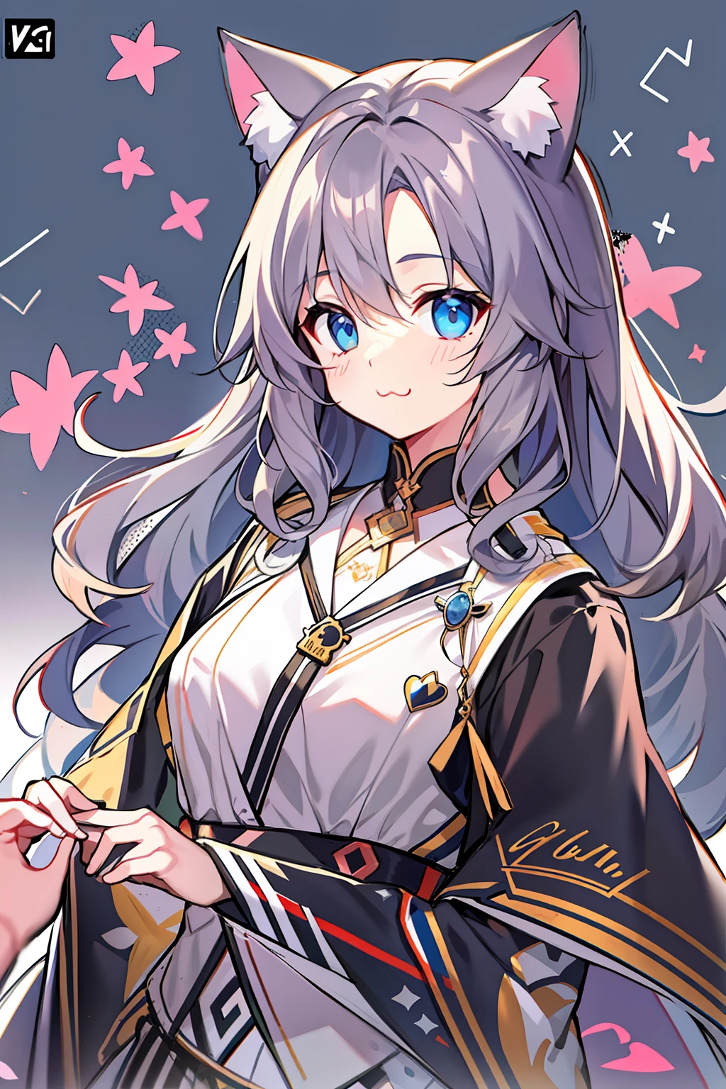 tmasterpiece, Need, 1 Lori gray hair, mid - length hair, cat ear, There is love in the eyes, looking at viewert, :3, adolable, The clothes are printed with the ERain logo