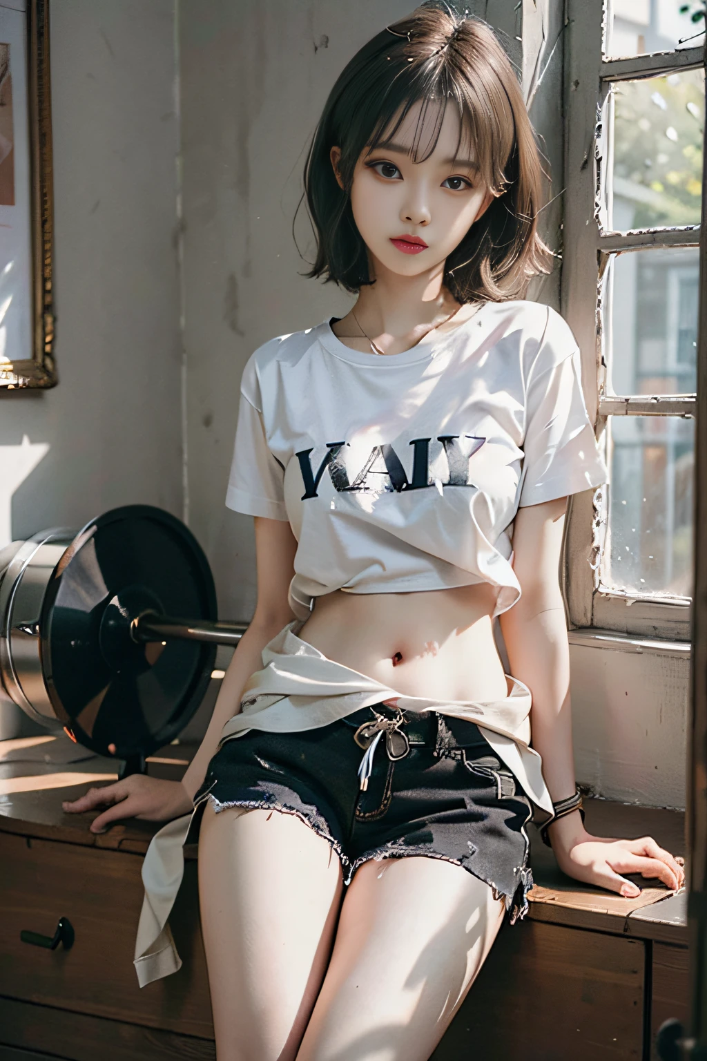 Top image quality、RAW photography、超A high resolution、Cute girl at 18 years old、Limited to one person、Round chest、T-shirt、Black shorts、Beautiful Eyes of Details、Very slender eyes、Beautiful eyelashes、beautiful double eyelid、White walls、Beautiful waist、Very slender legs、Light brown shorthair、Very slim physique