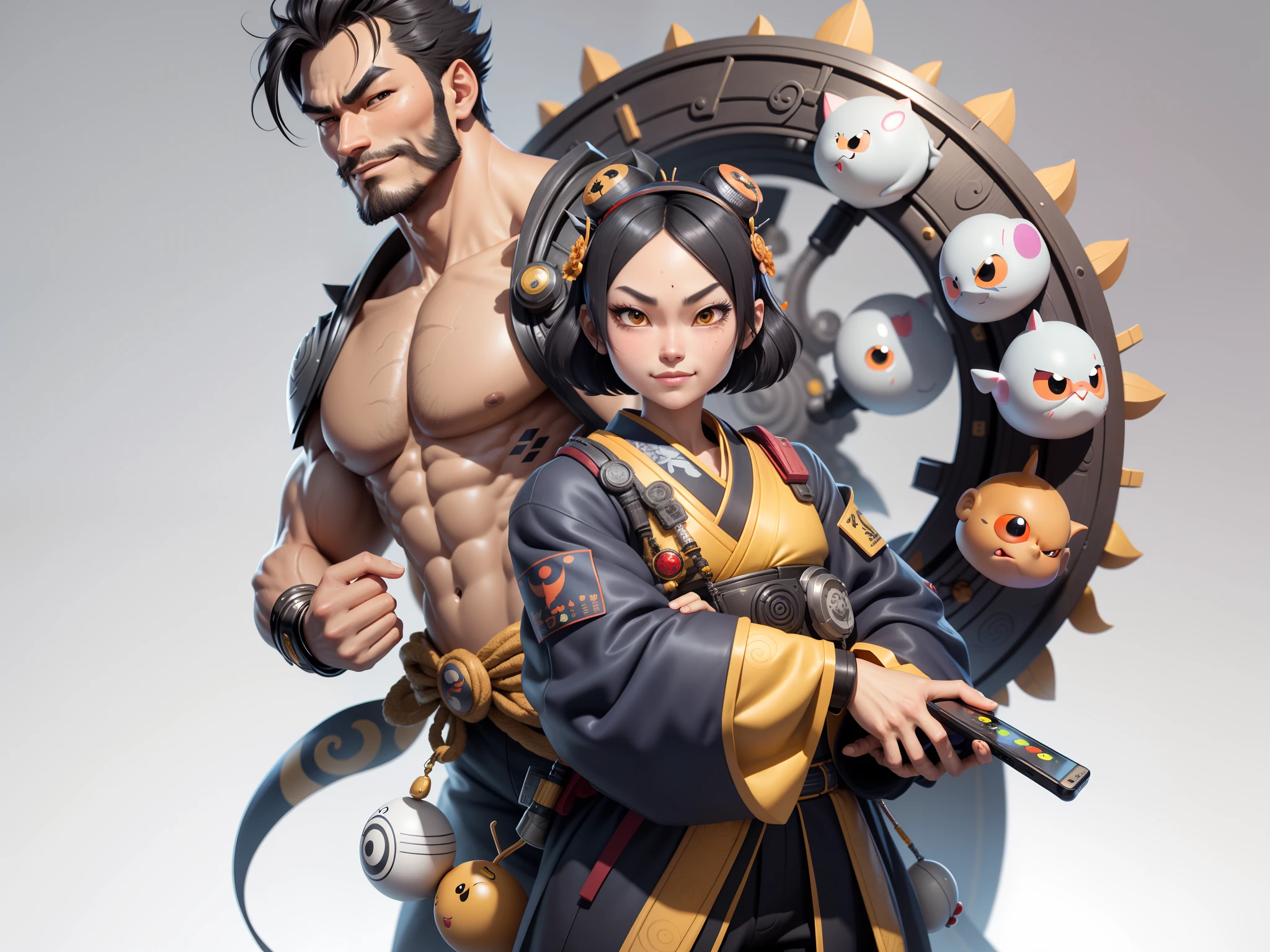 (Daisaku),(Need),(Super meticulous),(full bodyesbian:1.2),Super young man with Japanese geisha，Beautiful，orient，one tiger，Aeolian Thor，Raised sexy，爆乳，Oriental face，TV Anchor，Bust portrait illustration，In black suit，a blue tie，The face is slightly chubby，The face was clean，without a beard，Black super short hair，Black eyes，Smile confidently，3C computer sub-products，iPad， iphone，Digital painting，3D character design by Mark Clairen and Pixar and Hayao Miyazaki and Akira Toriyama，The illustration is a high-definition illustration in 4K resolution，With very detailed facial features and cartoon-style visuals。