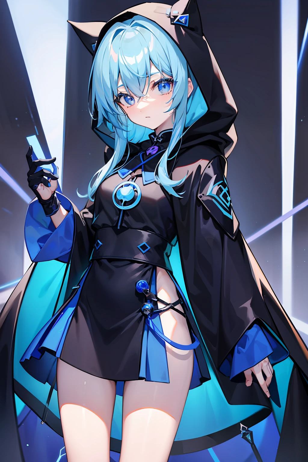 １８Year old girl、Mature、fortune teller、Blue hood and cloak、Black maid outfit and mini skirt、Cyber Neon Street、Looks like they're talking to you