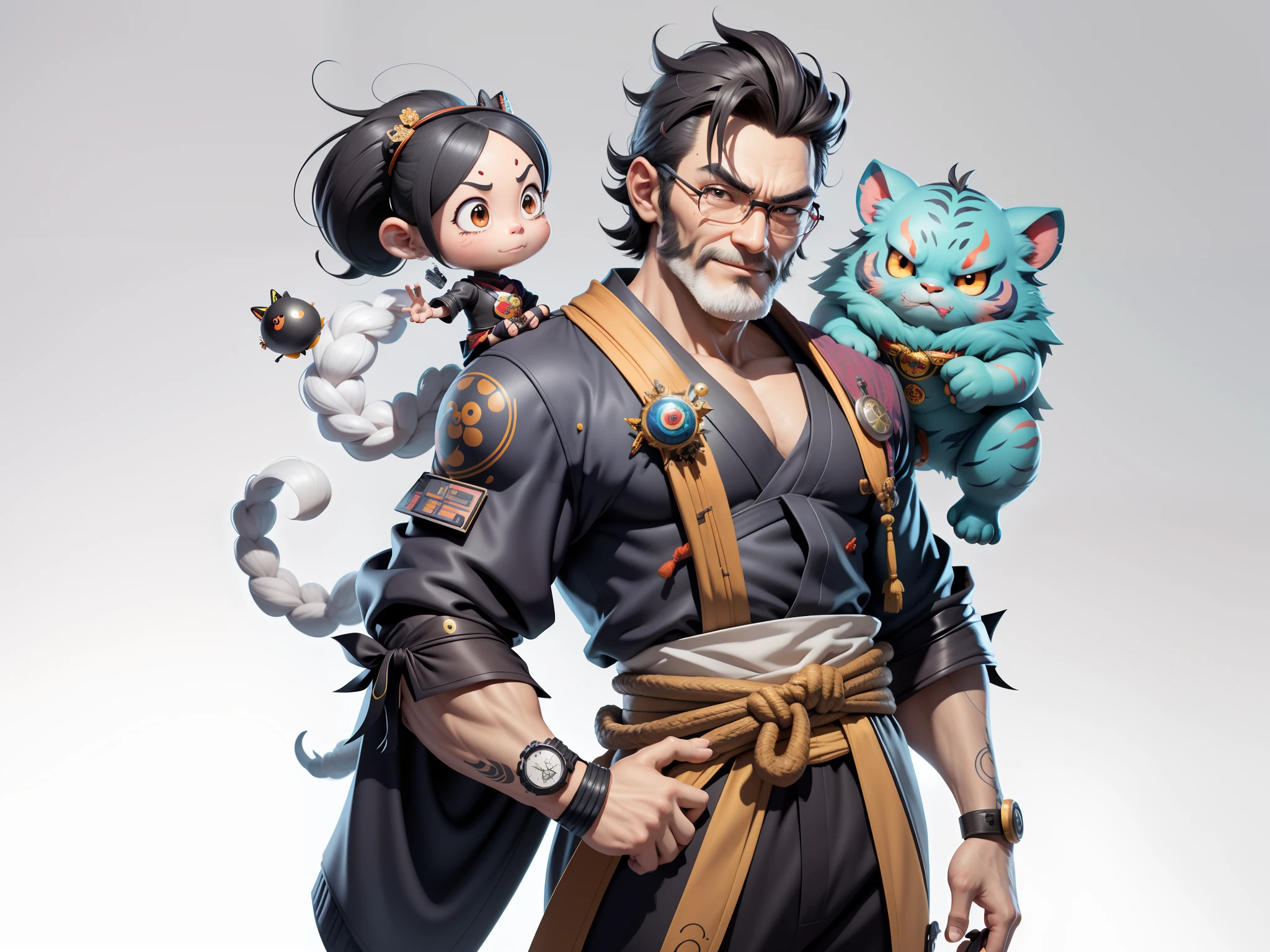 (Daisaku),(Need),(Super meticulous),(full bodyesbian:1.2),Super young man with Japanese geisha,Beautiful,orient,one tiger,Aeolian Thor,Raised sexy,爆乳,Oriental face,TV Anchor,Bust portrait illustration,In black suit,a blue tie,The face is slightly chubby,The face was clean,without a beard,Black super short hair,Black eyes,Smile confidently,3C computer sub-products,iPad, iphone,Digital painting,3D character design by Mark Clairen and Pixar and Hayao Miyazaki and Akira Toriyama,The illustration is a high-definition illustration in 4K resolution,With very detailed facial features and cartoon-style visuals。