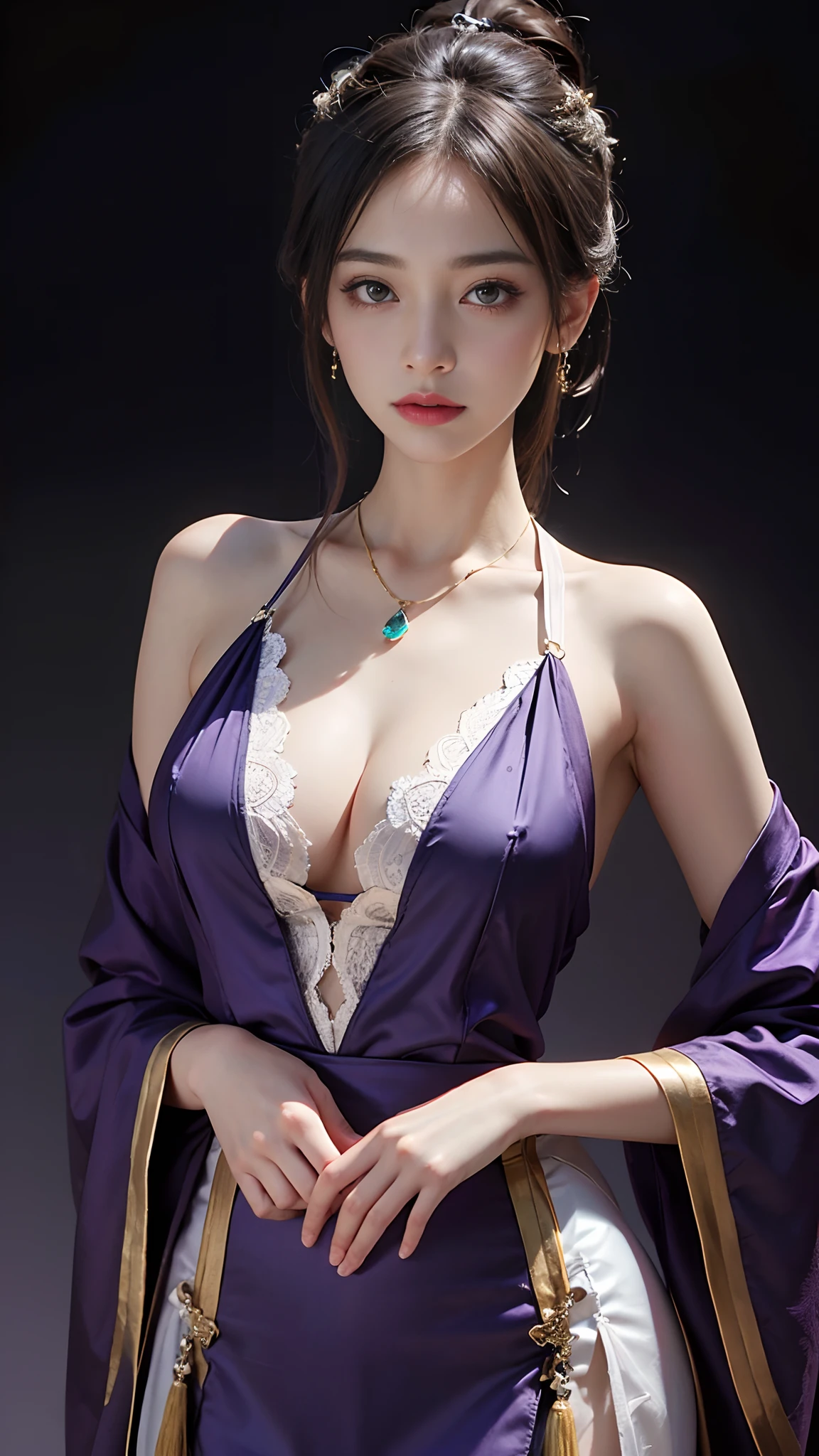 1 beautiful girl in Han costume, Thin purple silk shirt，white colors，The texture is diverse, white lace top, long platinum purple ponytail, hair adornments, ear jewelry,  necklace and necklace, meticulously drawn large purple eyes, meticulous makeup, Thin eyebrows, High nose, lovely red lips, Without smiling, pursed lips, rosycheeks, Wide breasts, Big breasts , well-proportioned bust, Slim waist, purple mesh socks, chinese hanfu style, fictitious art textures, vivid and realistic colors, RAW photos, Realistic photos, ultra high quality 8k surreal photos, (effective fantasy light effect: 1.8), 10x pixel, Magical effect (Background): 1.8), hyper detail eyes, girl body portrait, ancient hanfu background,