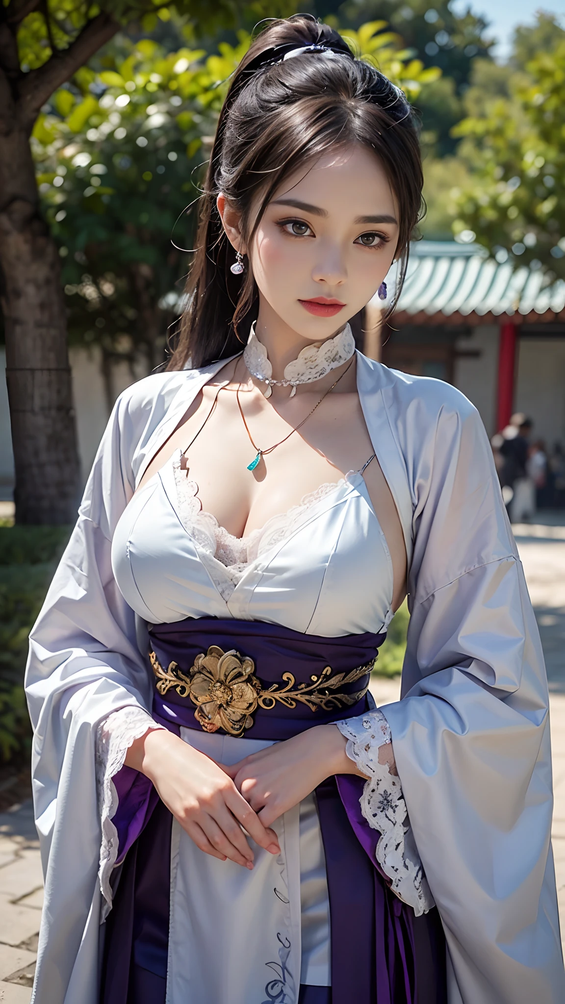 1 beautiful girl in Han costume, Thin purple silk shirt，white colors，The texture is diverse, white lace top, long platinum purple ponytail, hair adornments, ear jewelry,  necklace and necklace, meticulously drawn large purple eyes, meticulous makeup, Thin eyebrows, High nose, lovely red lips, Without smiling, pursed lips, rosycheeks, Wide breasts, Big breasts , well-proportioned bust, Slim waist, purple mesh socks, chinese hanfu style, fictitious art textures, vivid and realistic colors, RAW photos, Realistic photos, ultra high quality 8k surreal photos, (effective fantasy light effect: 1.8), 10x pixel, Magical effect (Background): 1.8), hyper detail eyes, girl body portrait, ancient hanfu background,