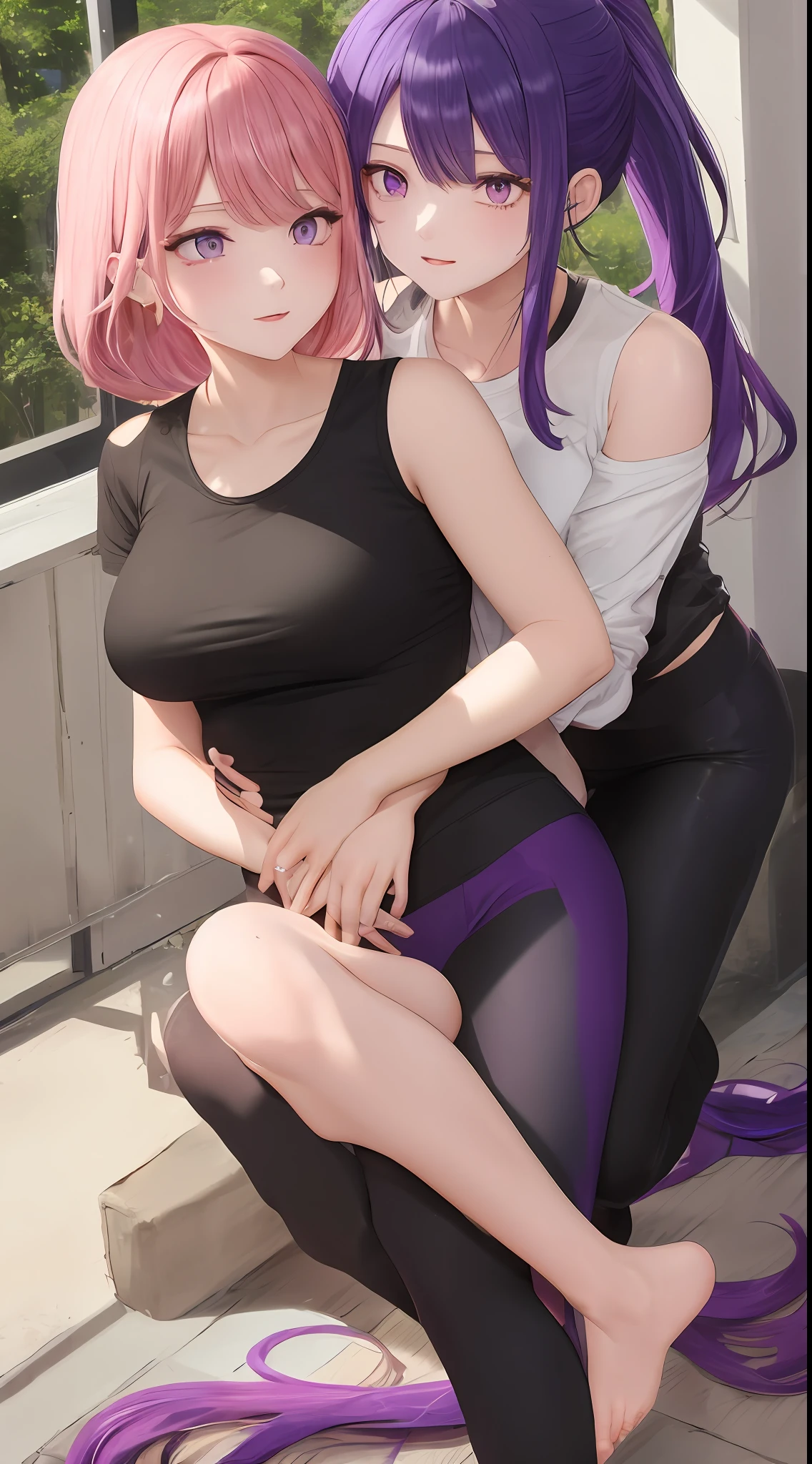 Anime Lesbian Porn Black - Two anime girls sitting on a ledge with their arms around each other -  SeaArt AI