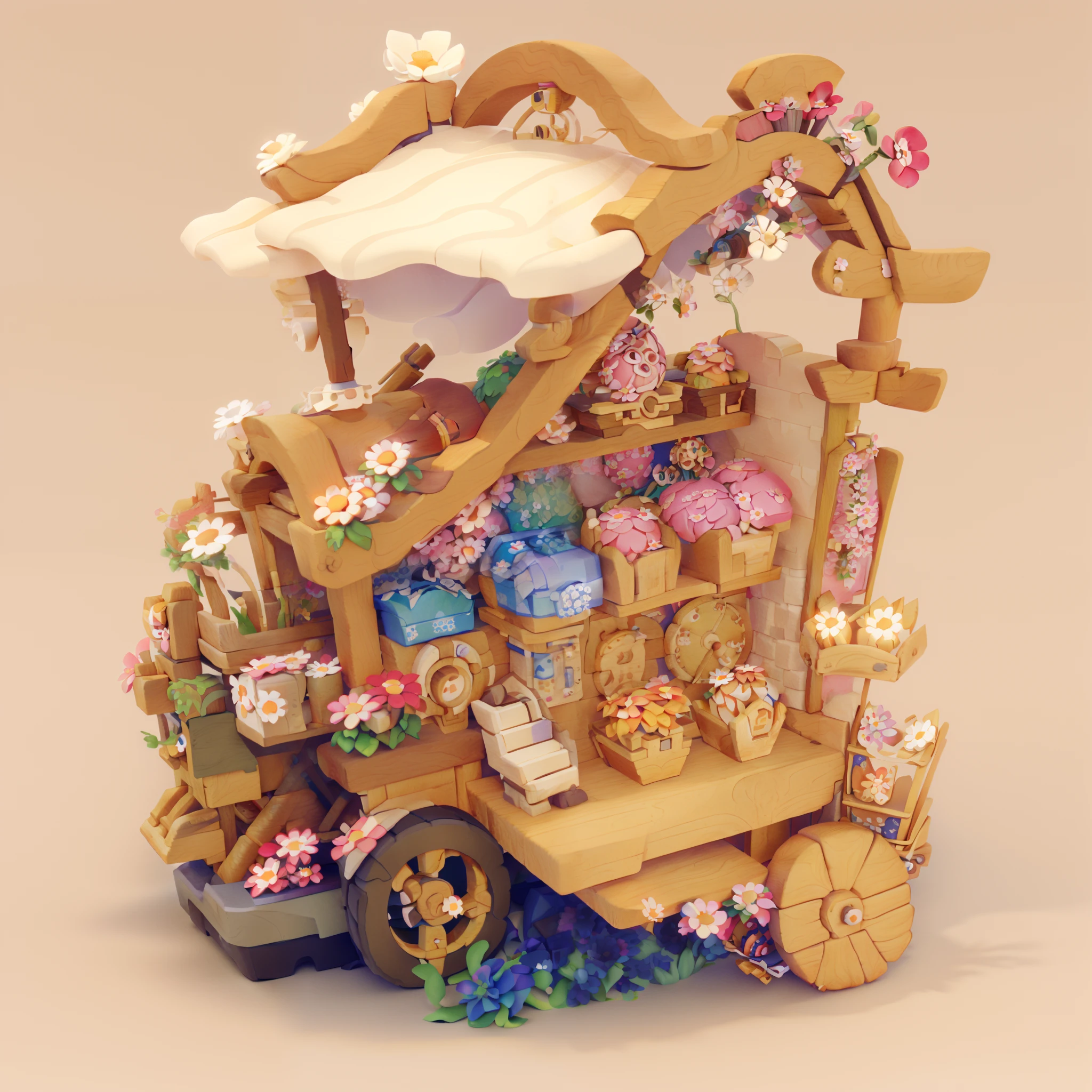 There was a small wooden cart,It is filled with flowers,Cute stylized 3D rendering,Featuring Behans 3D art trends,Rendered in Cinema 4D