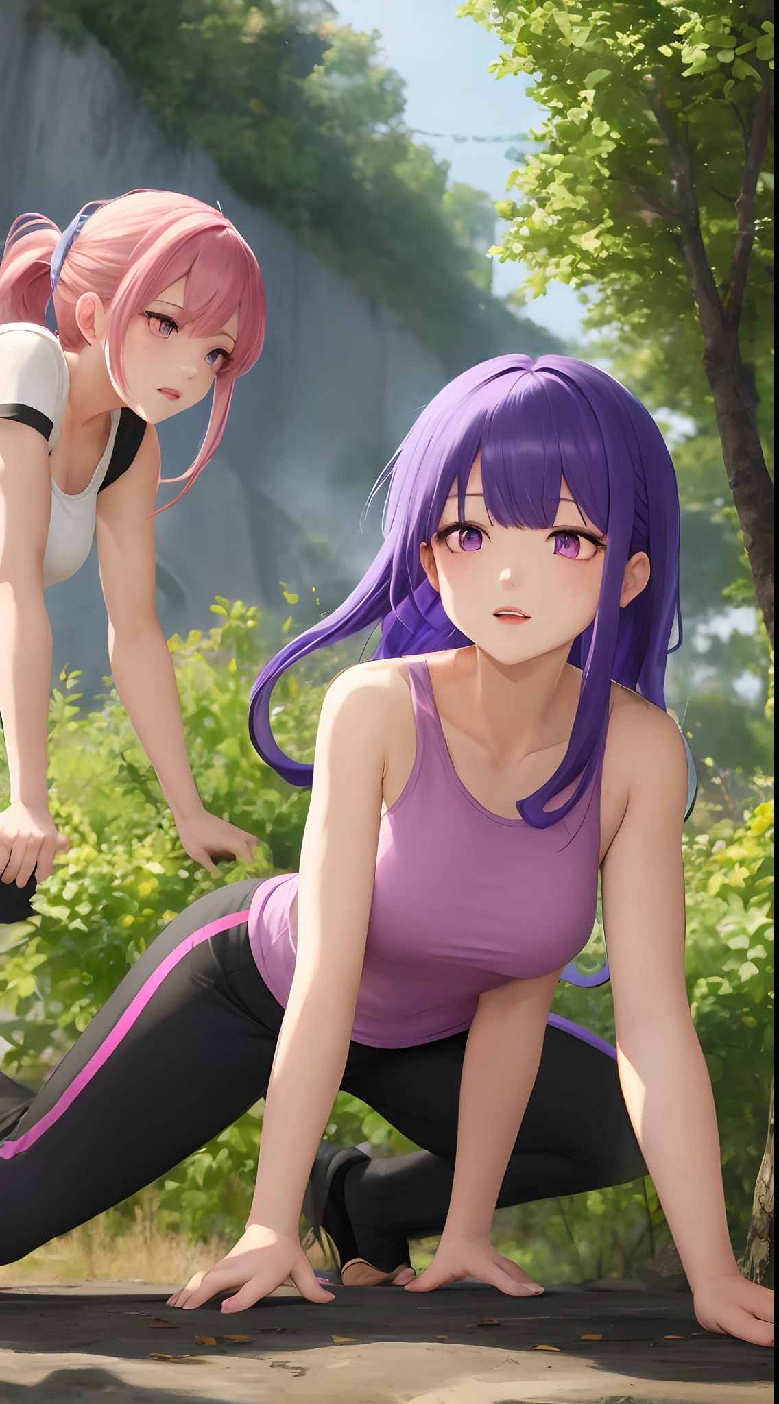 Aelita Royer, Purple hair, Ponytail, Purple eyes, buff, Muscle shirt, , Pink shirt, leaf in hair, Black yoga pants, Pink hair, Long hair, Red eyes, Aevia, Lesbian sex