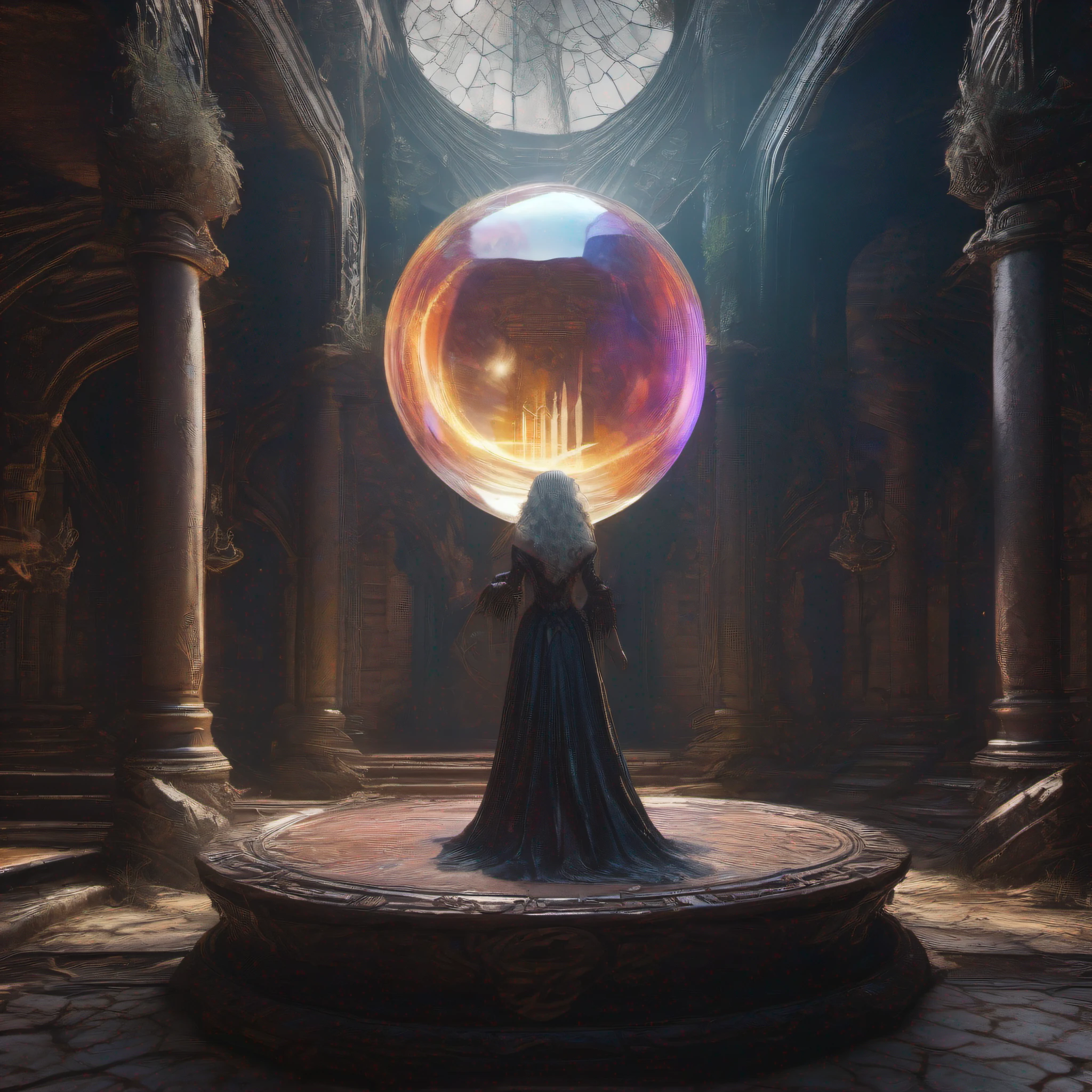 unholy,sorceress woman,I saw the crystal ball, creepy style,mistic,Ultra-detailed complex Gothic art trends in Artstation ternary colors, unreal-engine, fantasy, intricately details, splash image, complementary colours, fantasy concept art, gothic deviantart masterpiece, unholy, starlights, Creepy,In ruins。
