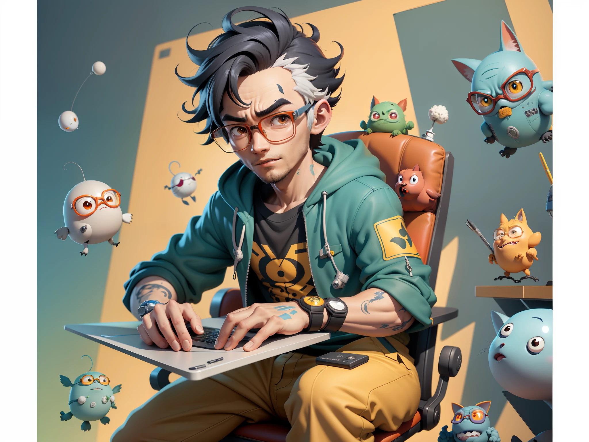 A young man with glasses sits at his desk,holding laptop,digitial painting,3D character design by Mark Clairen and Pixar and Hayao Miyazaki and Akira Toriyama,4K HD illustration,Very detailed facial features and cartoon-style visuals。