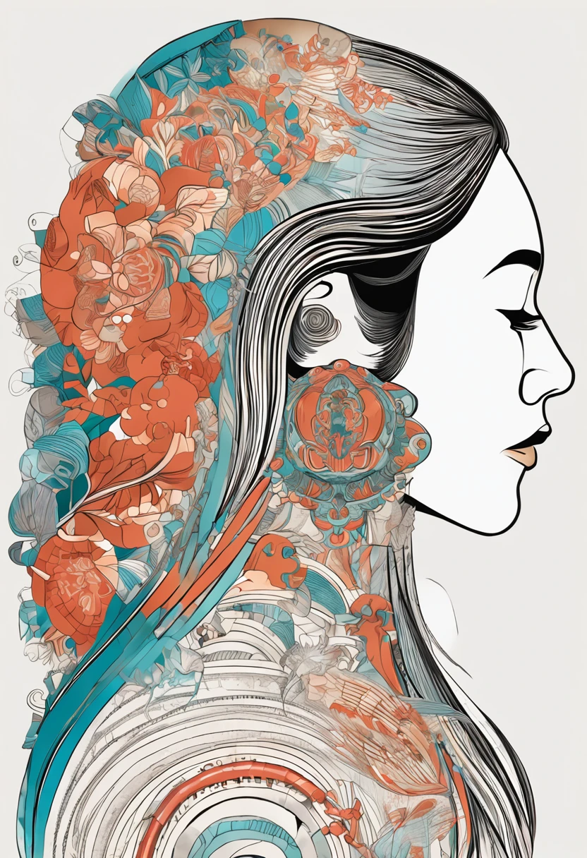 (White background:1.4),(Silhouette of a girl's head, Eyes closed, colorfull long hair, Oriental elements)，(Chinese illustration:1.3，paper art:1.3, Quilted paper art:1.2),( reasonable design, Clear lines, High sharpness,Best quality, Very detailed, Masterpiece, movie light effect, 4K )