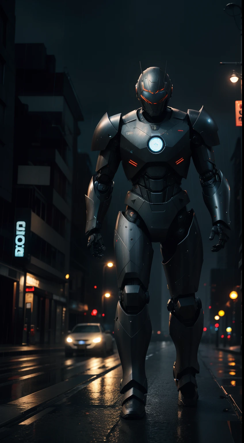 Battle roboto , full black Armor, realistic,, wide shot, wallpaper, full body, extreme wide shot, city , de saturated, dark tone, cinematic, night, rainy nights