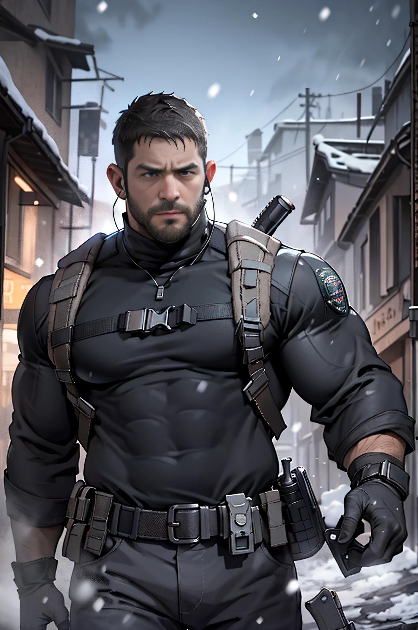 Dark gothic village in the background, old Chris Redfield from Resident Evil 8, 48 year old, muscular male, tall and hunk, biceps, abs, chest, all black cold turtleneck shirt, long sleeves, black trousers, shoulder holster, earpiece, belt, thick beard, cold face, holding an assault rifle gun, video games style, high resolution:1.2, best quality, masterpiece, dark nightime, dark atmosphere, winter, snowing, shadow, upper body shot