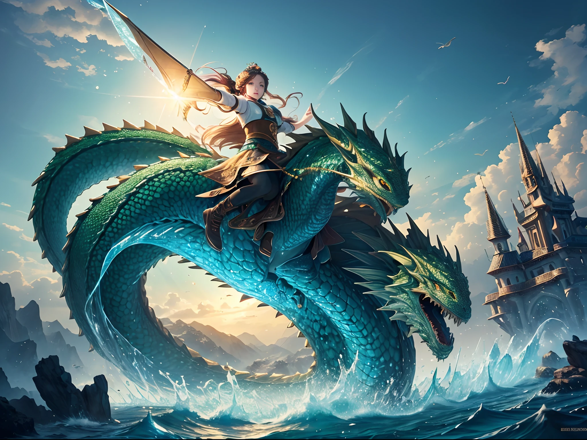 (Masterpiece, Top Quality, Best Quality, Ultimate Detail, Highest Detail, Official Art, Beauty & Aesthetics: 1.2), Golden Ratio, Full Composition, official art, Unity 8k wallpaper, super detailed, beautiful, (fractal art: 1.4), the school girl is riding on the green dragon, flying over the town, full body, crystallineAI, from below, splash