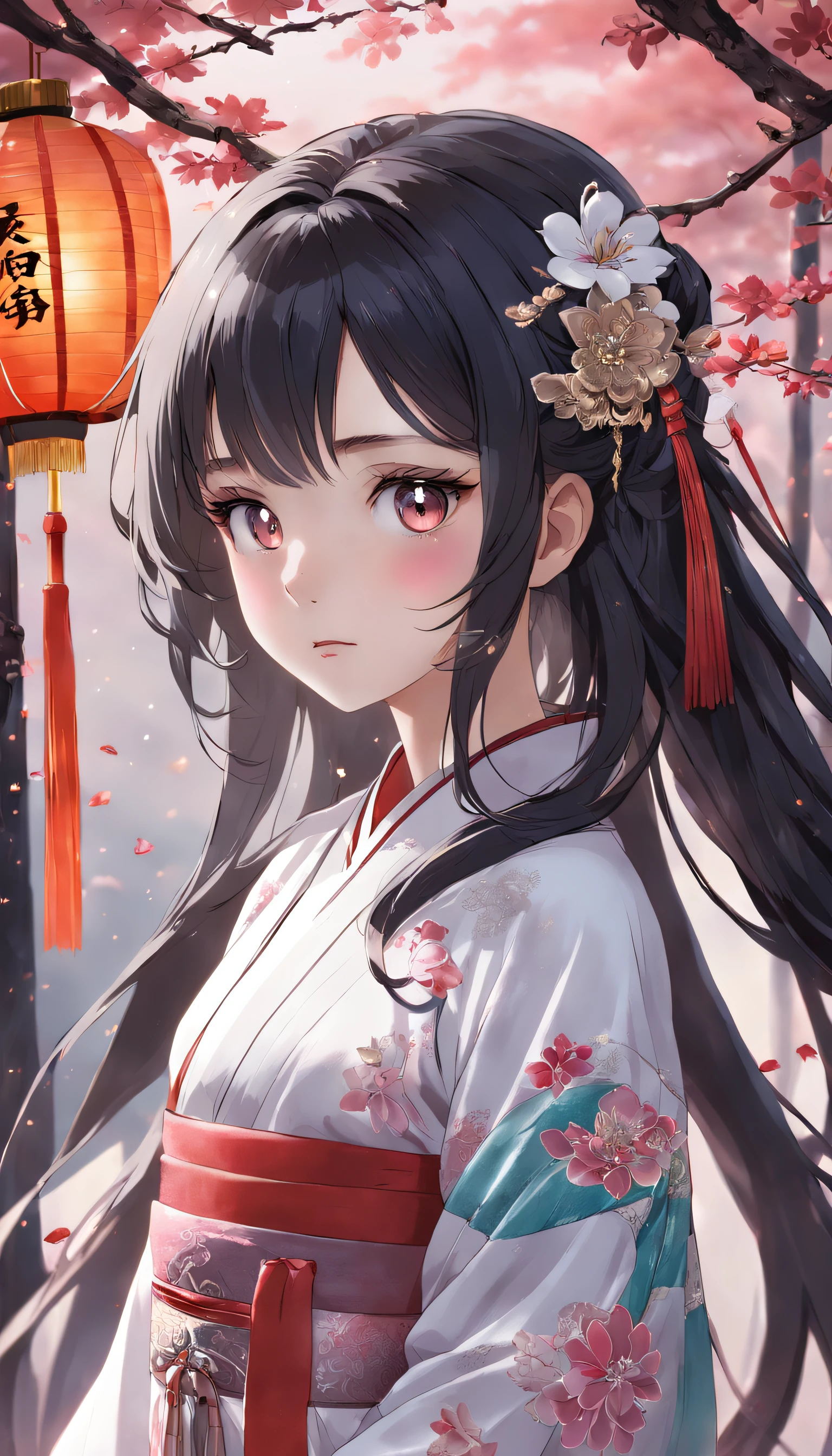 (Little girl:1.5),Lace,ribbon,Hanfu,(Masterpiece, side-lighting, Beautiful gray eyes with fine and detailed details: 1.2), Masterpiece, Realistic, Glowing eyes,Shiny hair,Black hair,long whitr hair, Glossy glossy skin, Solo, embarressed,No shoulder strap,Exquisite,prettify,sonoko,Flowers,flying petal,